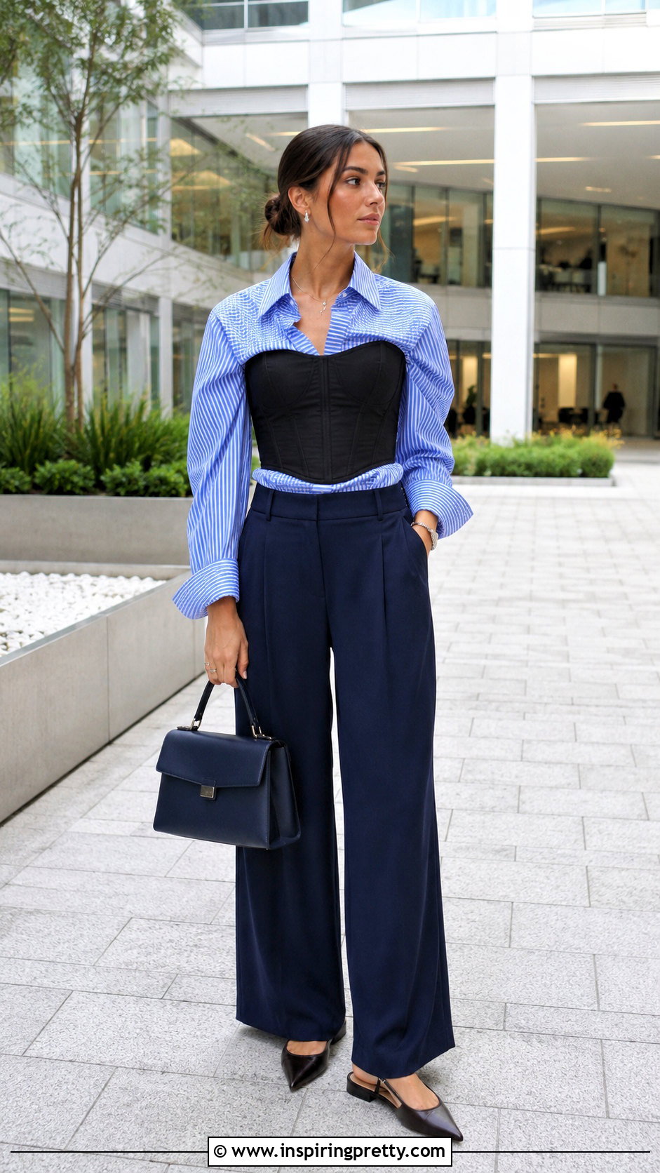 Corset Top Over A Blue Striped Shirt - how to style corset tops (50 ways)