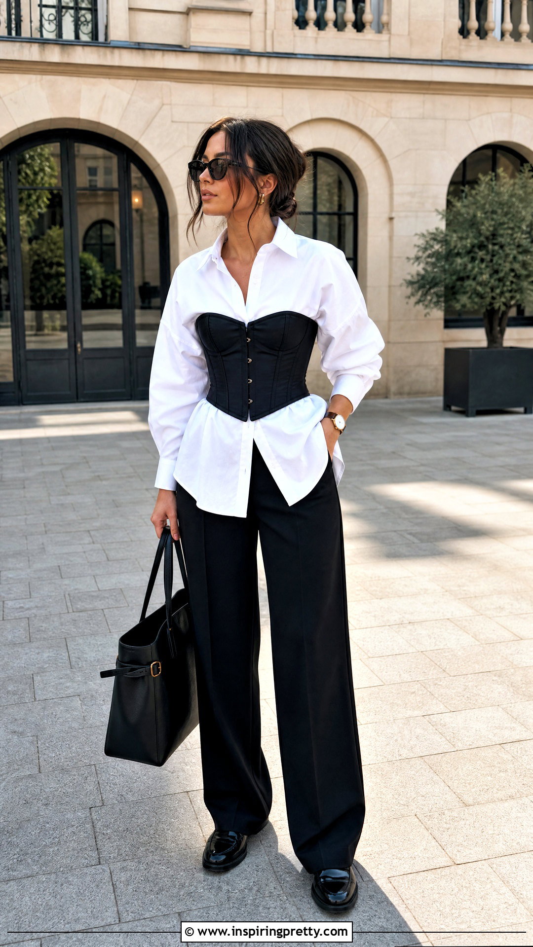 Corset Top Over Button Down Shirt With Trousers - 20 corset top fashion ideas