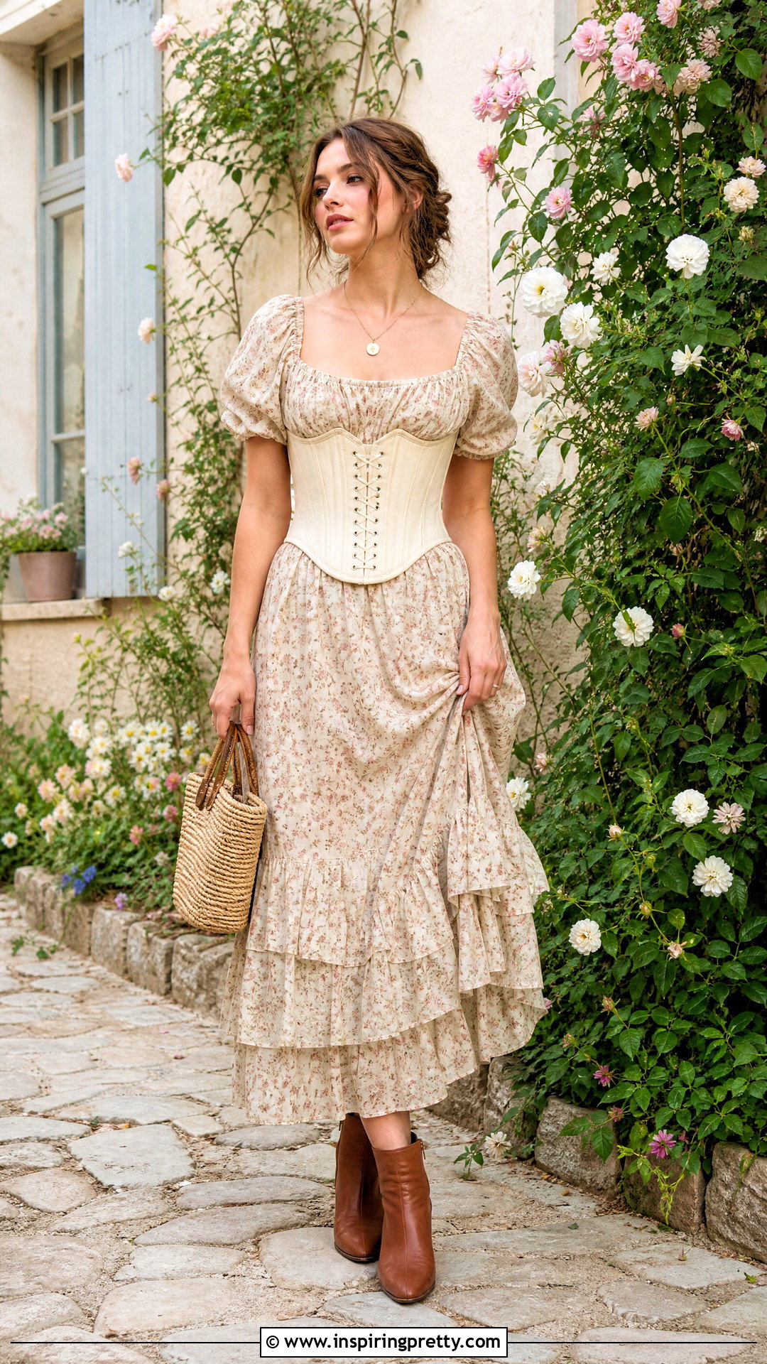 Corset Top Over Floral Midi Dress - 25 corset top outfit cottagecore ideas