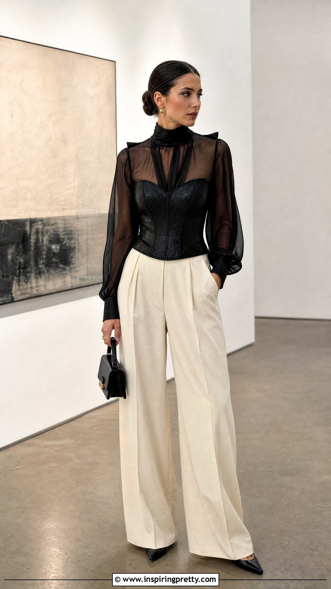 Corset Top Over Sheer Blouse With Trousers - 50 corset top and trousers outfit ideas