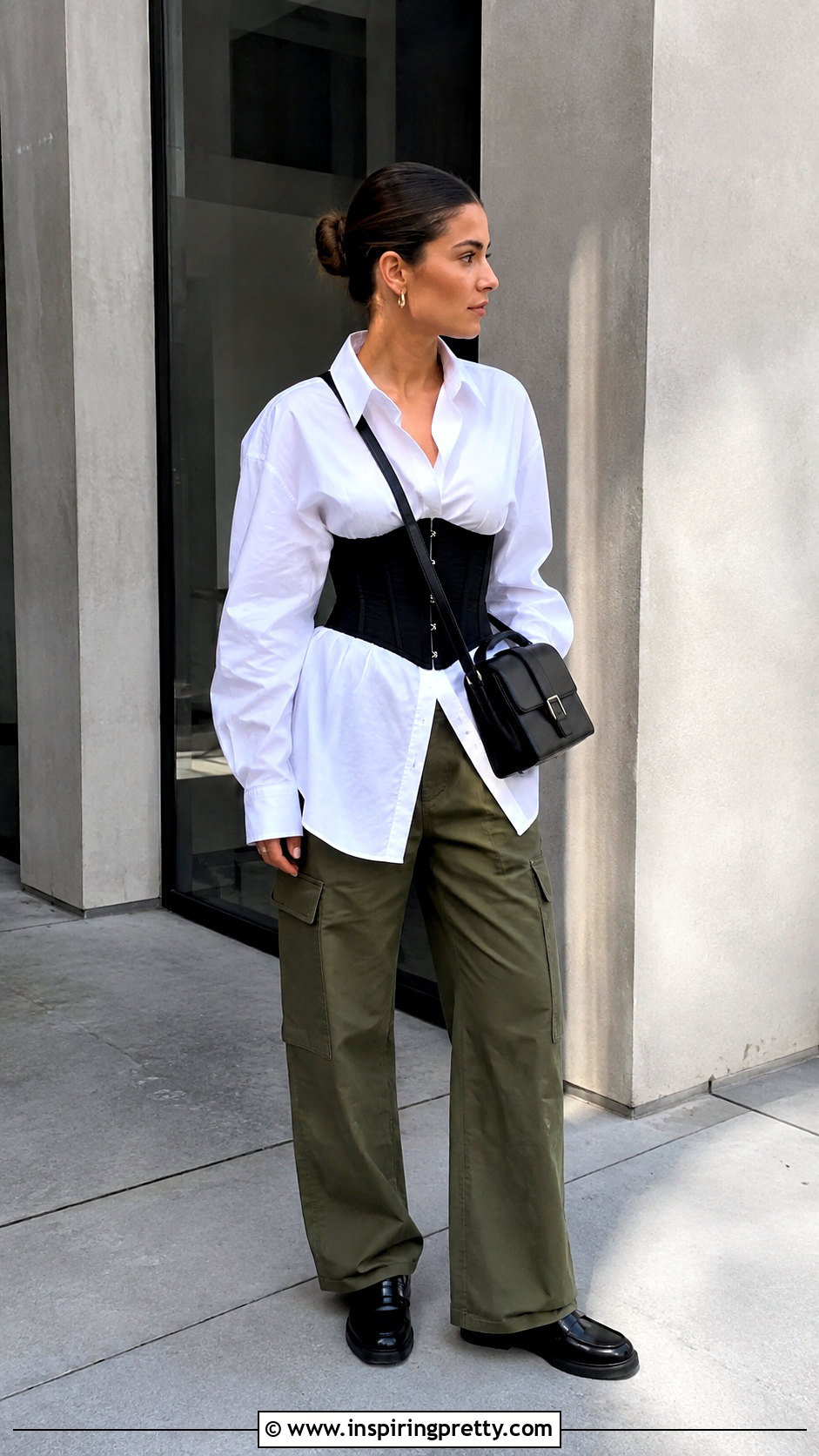 Corset Top Over White Shirt With Cargo Pants - 25 Cargo Corset Top outfit ideas