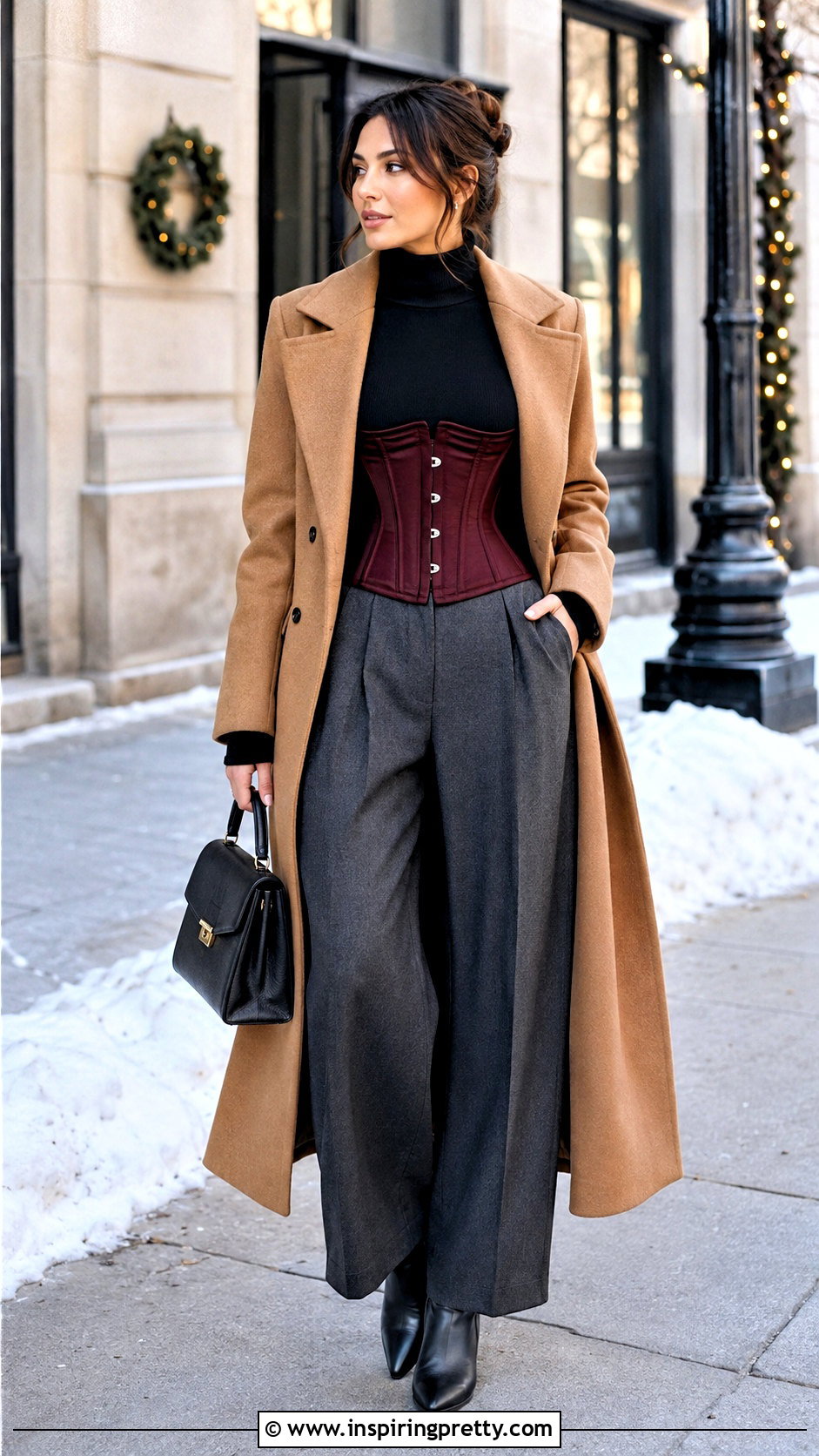 Corset Top With A Long Wool Coat - how to style corset tops (50 ways)