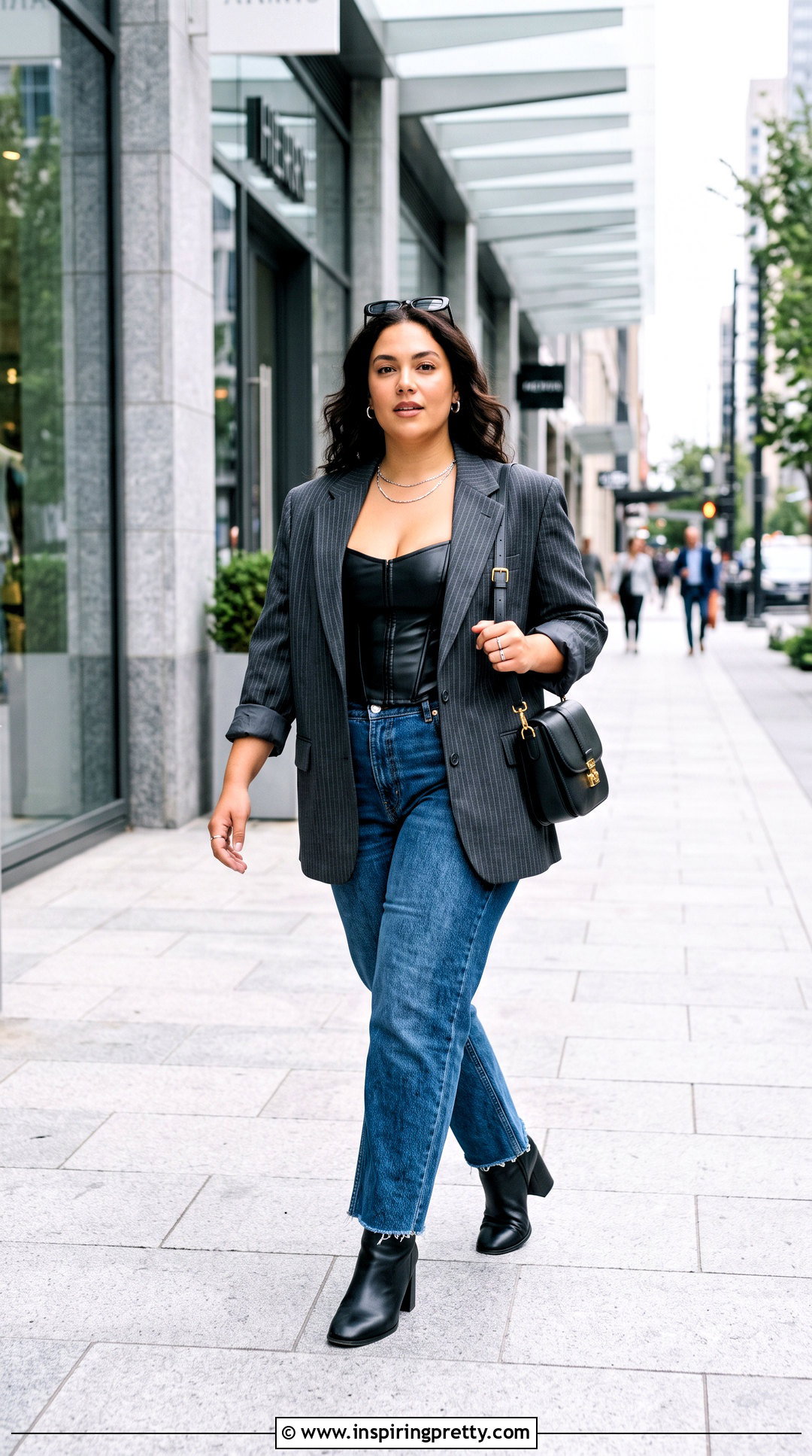 Corset Top With Oversized Blazer And Jeans - 25 cute cleavage tops outfit ideas