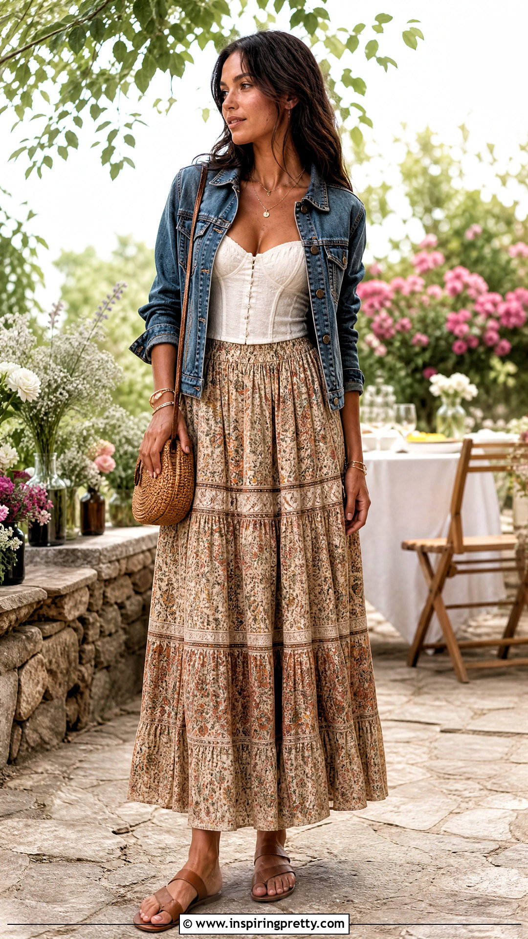 Corset Top With Tiered Maxi Skirt - 50 Top Corset outfit ideas