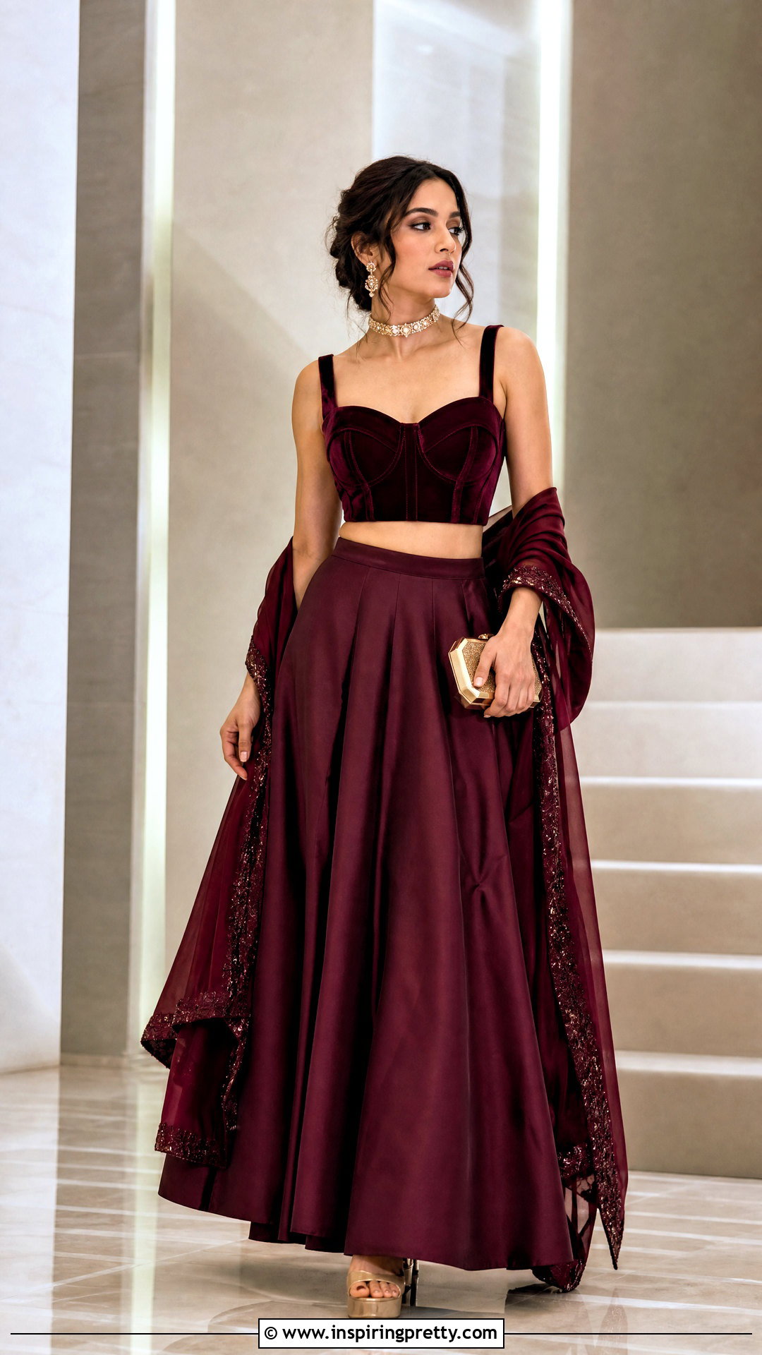 Corset Velvet Crop Top With High Waist Lehenga - 50 velvet crop top designs for lehengas