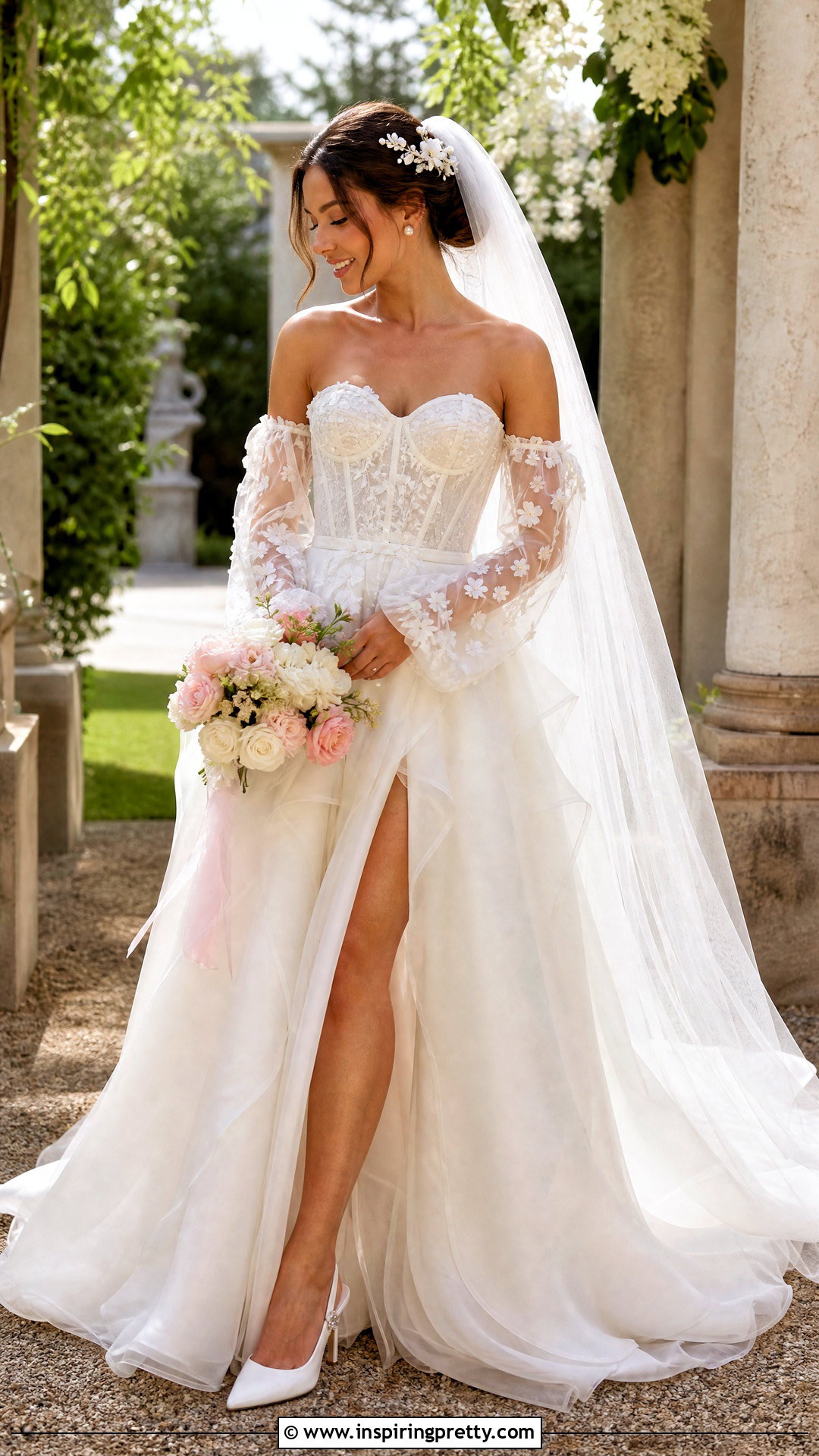 Corset Wedding Dress With Spring Floral Sleeves - 50 wedding dress corset top outfit ideas