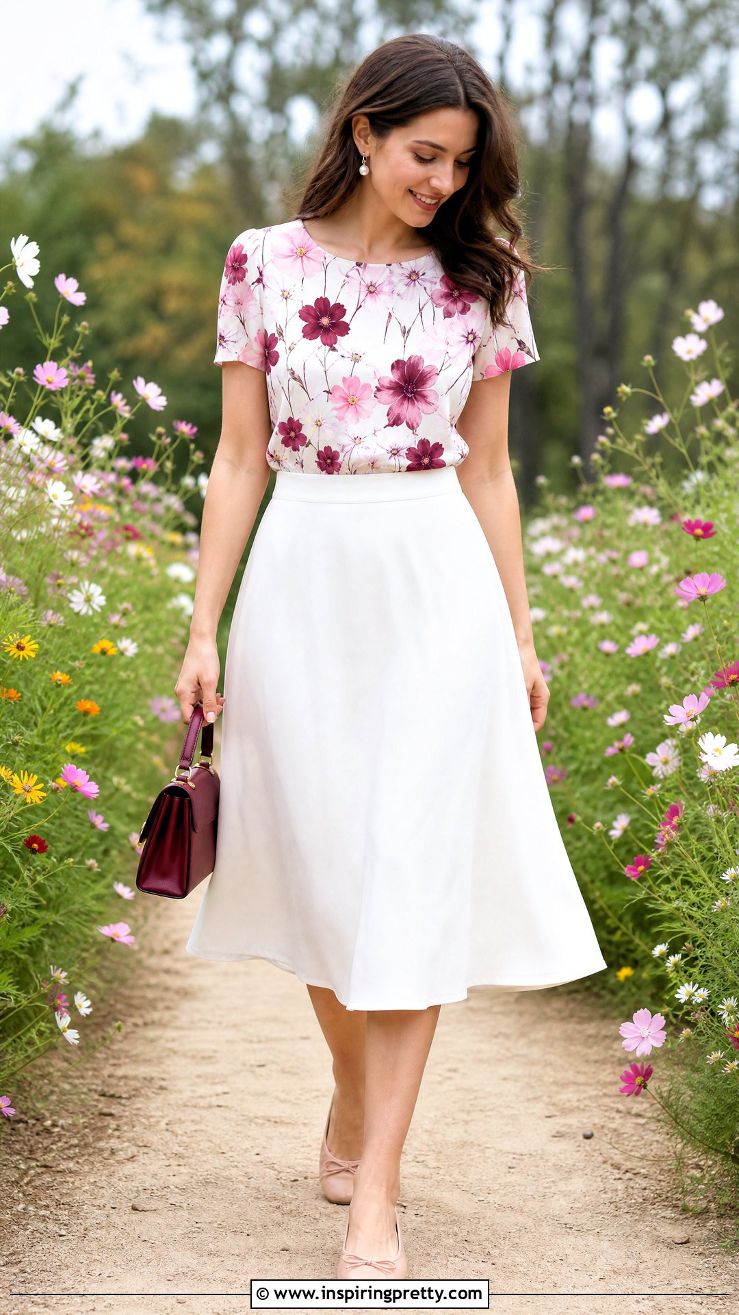 Cosmos Flower Top With White Midi Skirt - 50 flower top photoshoot ideas