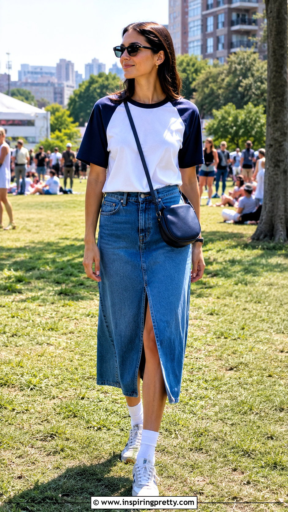 Cotton Baseball Tee With Denim Midi Skirt - 50 summer cotton tops outfit ideas
