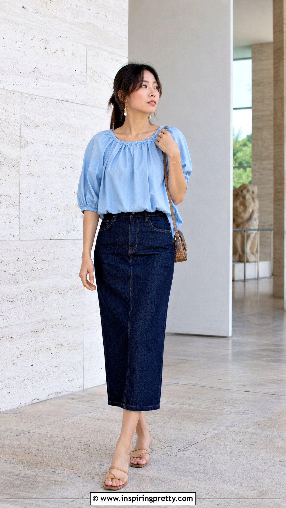 Cotton Blouson Top With Column Skirt - 50 summer cotton tops outfit ideas