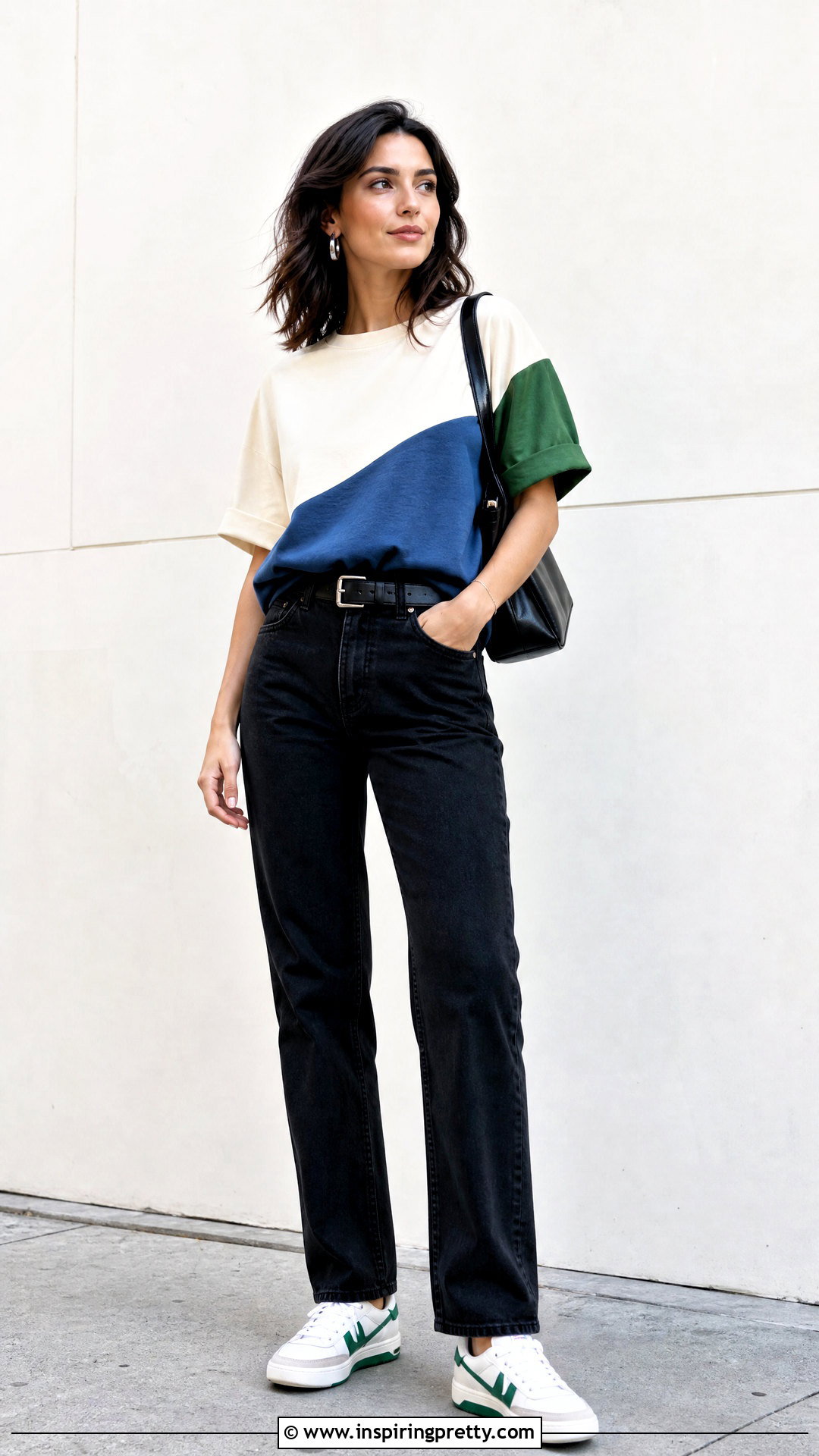 Cotton Color Block Top With Black Jeans - 50 cotton tops outfit ideas