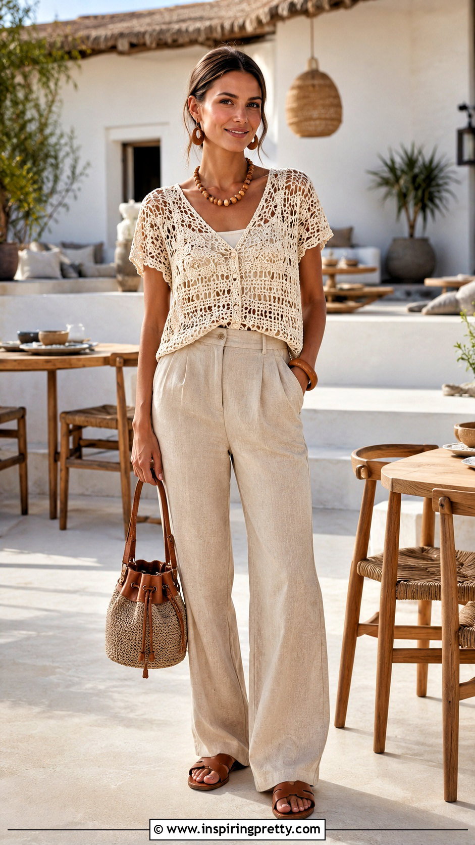 Cotton Crochet Top With Linen Pants - 50 summer cotton tops outfit ideas