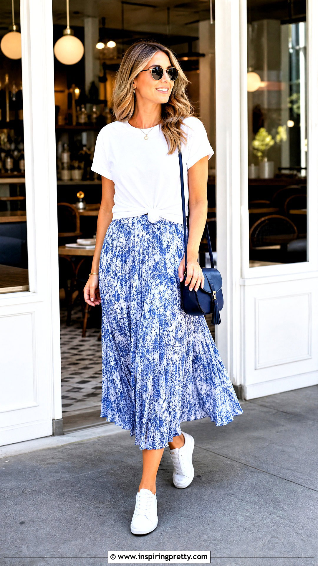 Cotton Knot Front T Shirt With Midi Skirt - 50 cotton tops designs casual ideas