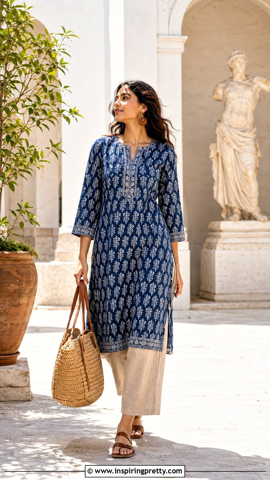Cotton Kurti With Linen Trousers - 50 kurti tops outfit ideas
