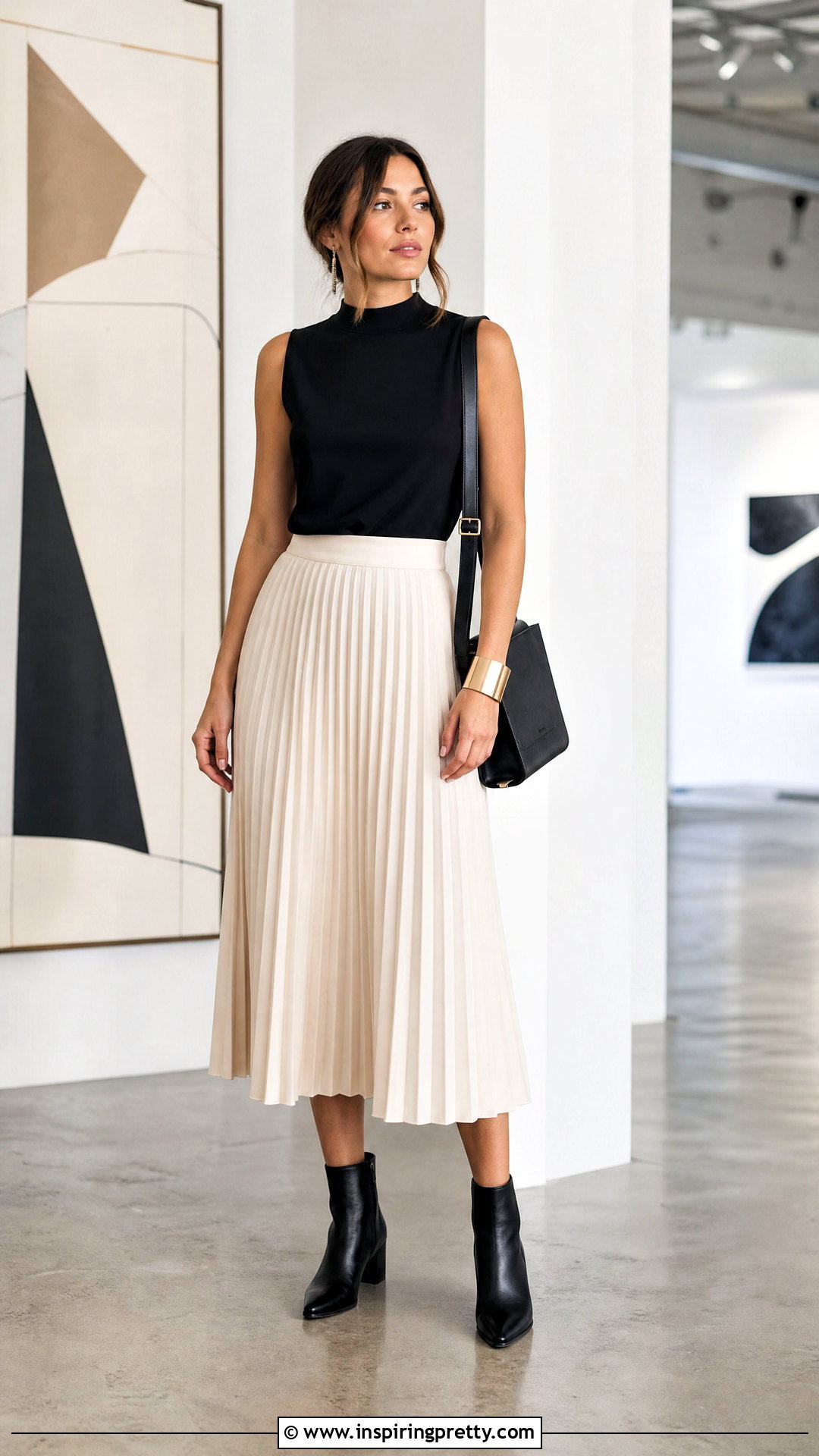 Cotton Mock Neck Top With Midi Skirt - 50 cotton tops outfit ideas