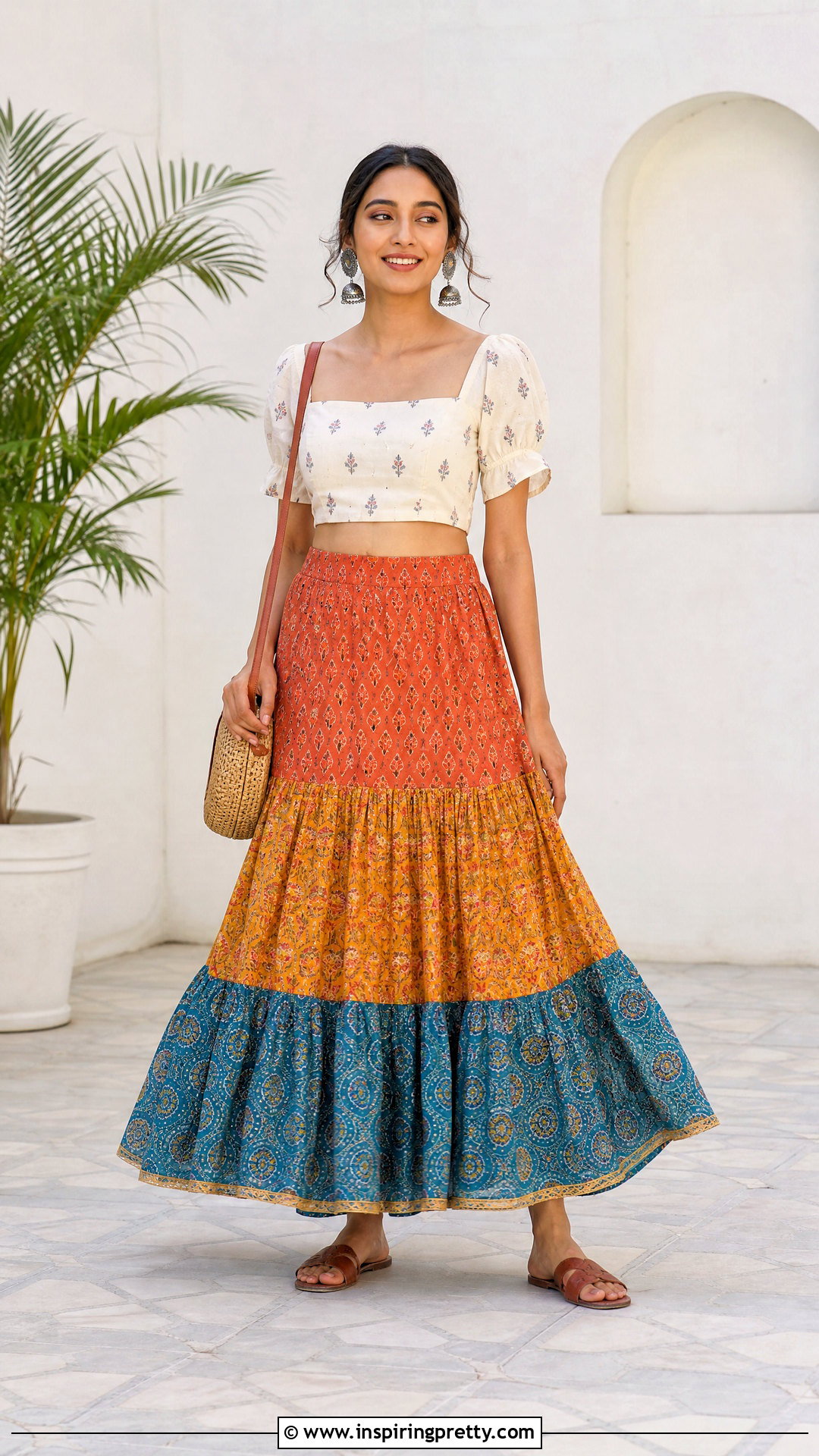 Cotton Saree Tiered Skirt And Puff Sleeve Crop Top - 25 skirt and crop top from old saree ideas
