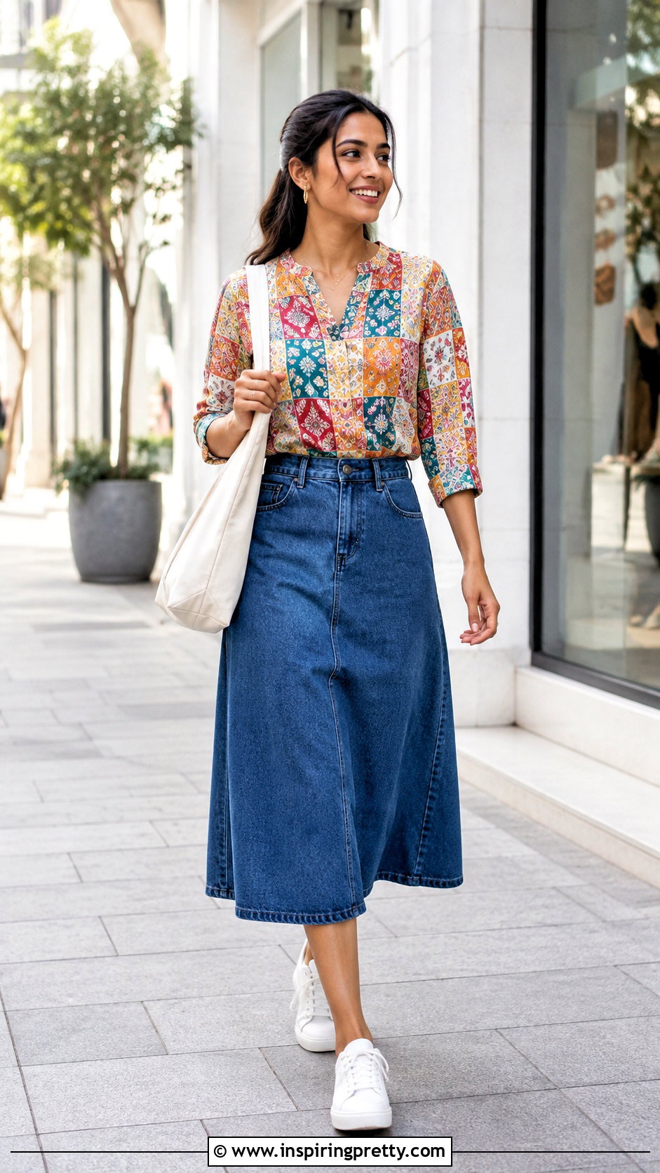 Cotton Short Kurti With Denim Midi Skirt - 50 short kurti top outfit ideas
