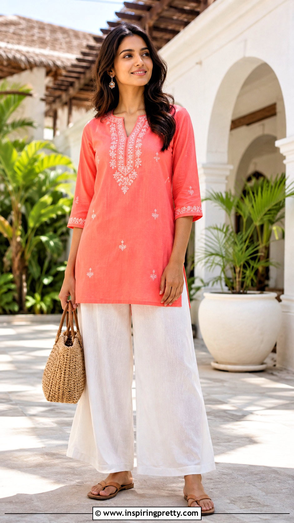 Cotton Short Kurti With White Palazzo Pants - 50 short kurti top outfit ideas