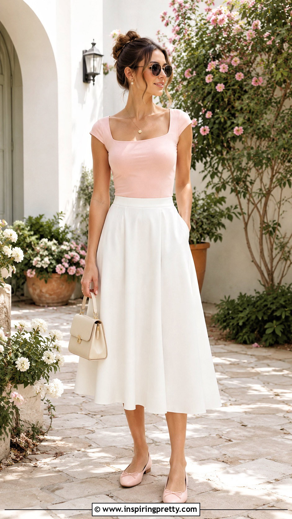 Cotton Square Neck Top With A Line Skirt - 50 summer cotton tops outfit ideas