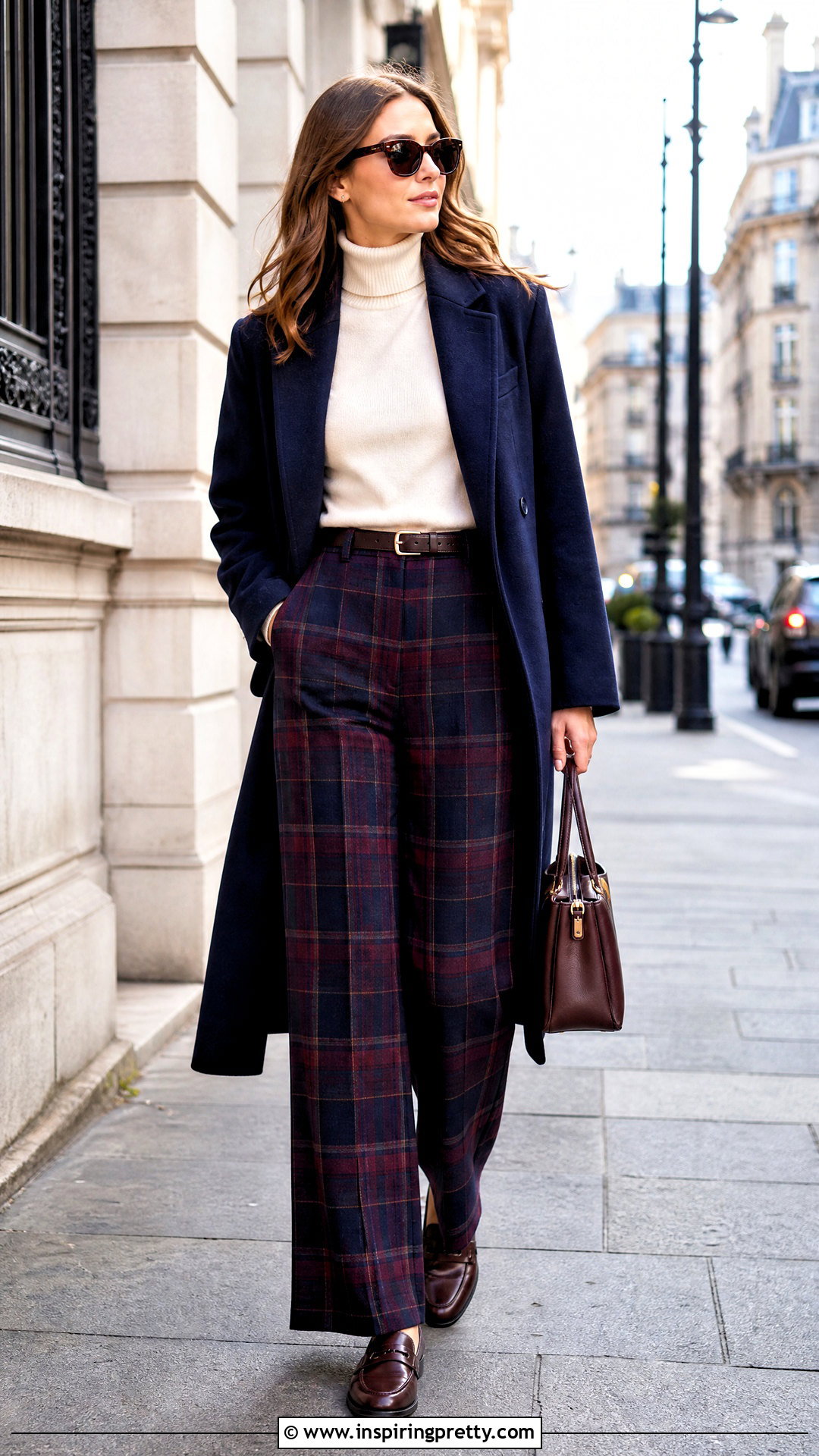 Cotton Turtleneck Top With Plaid Trousers - 50 cotton tops outfit ideas