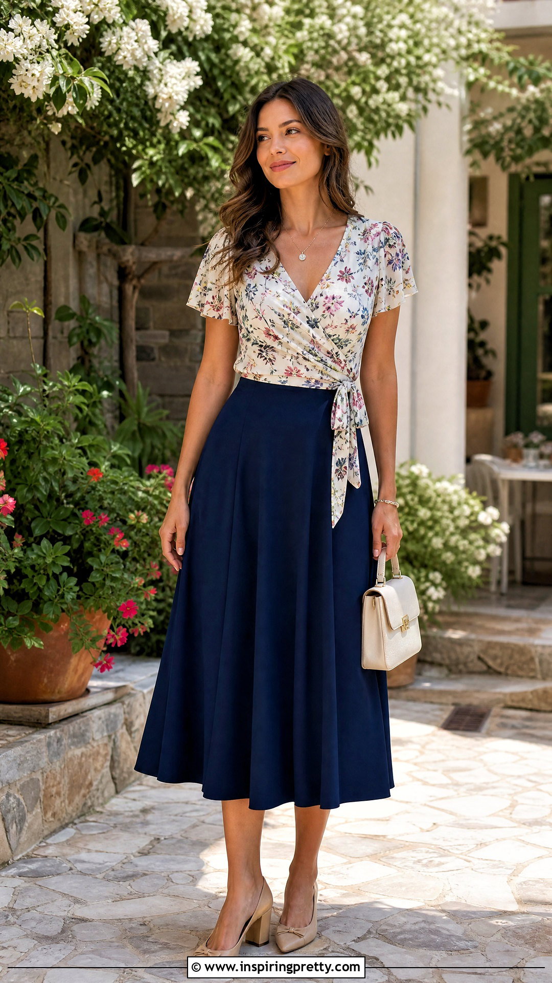 Cotton Wrap Top With A Line Skirt - 50 cotton tops outfit ideas