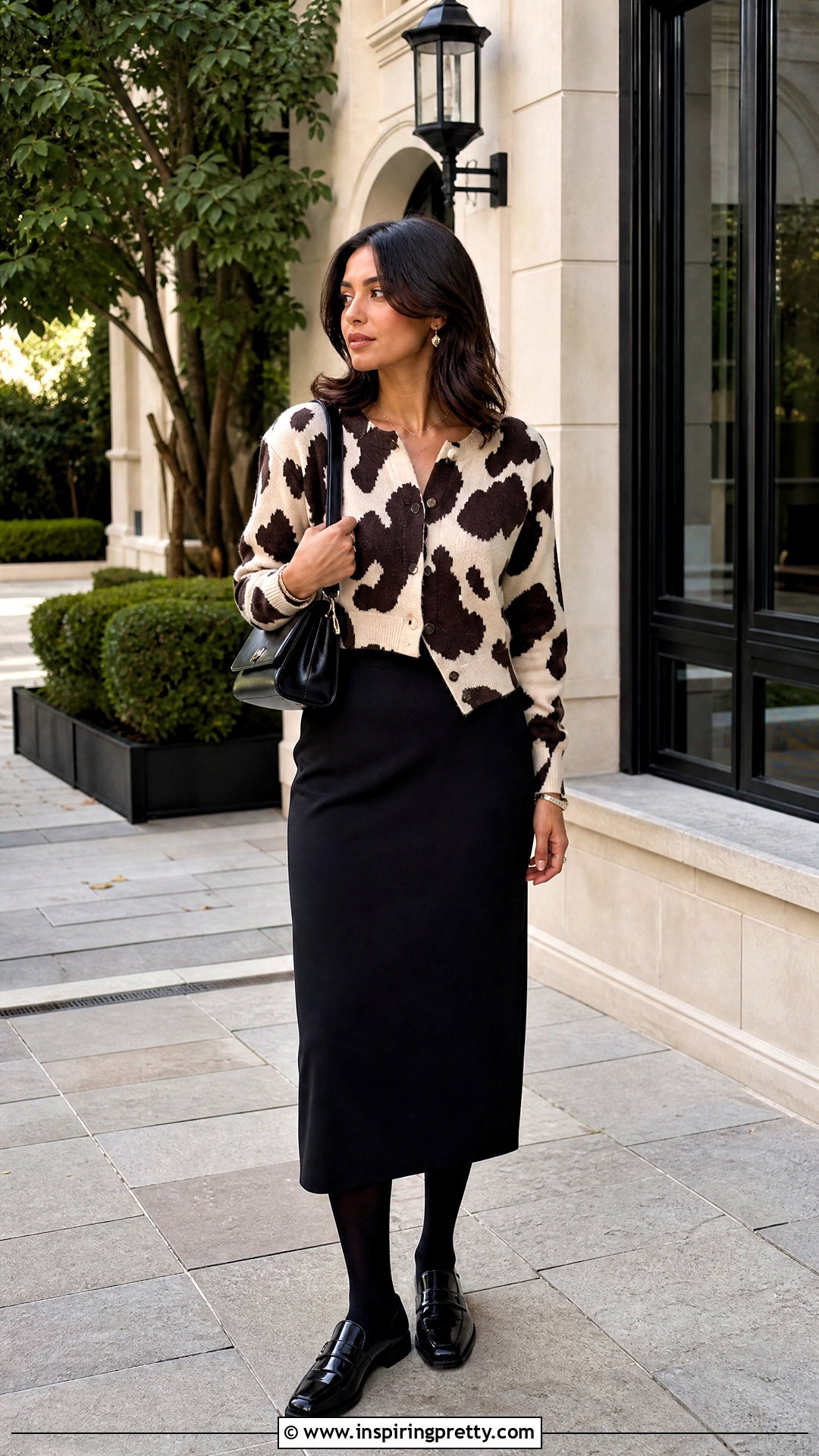 Cow Print Cardigan With Midi Skirt - 50 animal print top outfit ideas