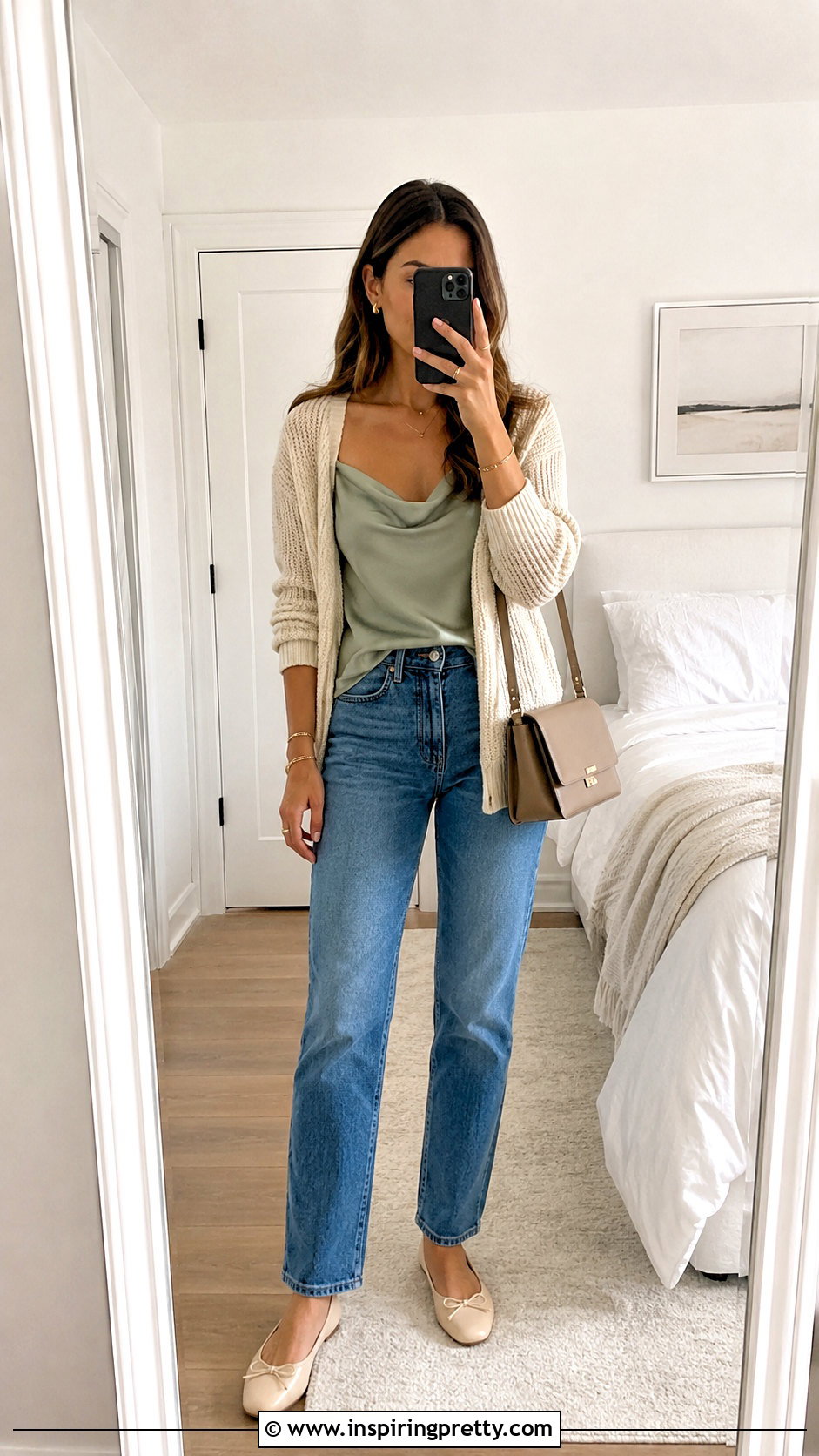 Cowl Neck Camisole With Cardigan And Jeans - 50 cow neck top outfit ideas