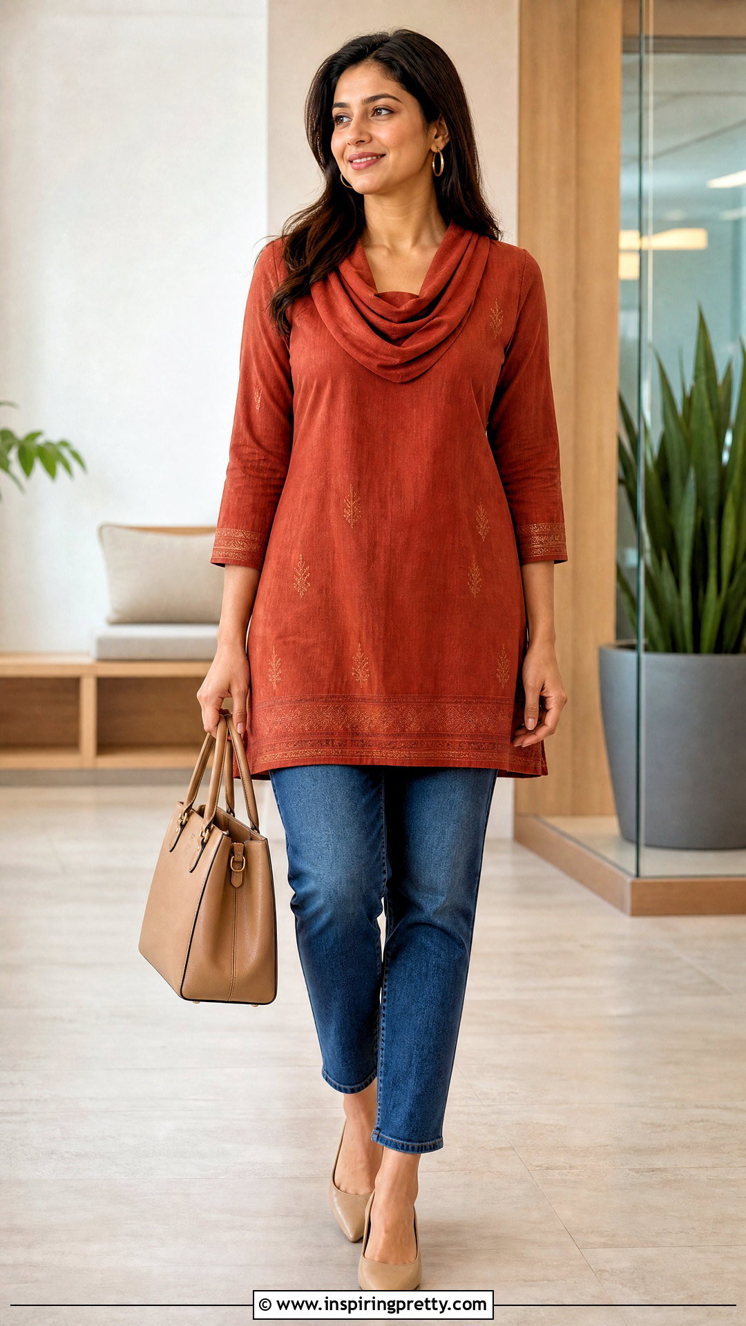 Cowl Neck Ethnic Top With Tapered Jeans - 50 jeans tops indian styles