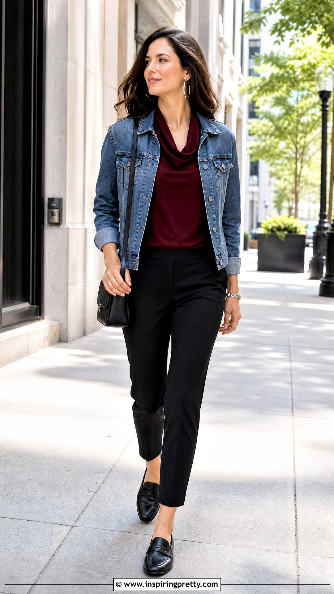Cowl Neck Jersey Top With Denim Jacket And Black Pants - 25 cowl neck jersey top outfit ideas