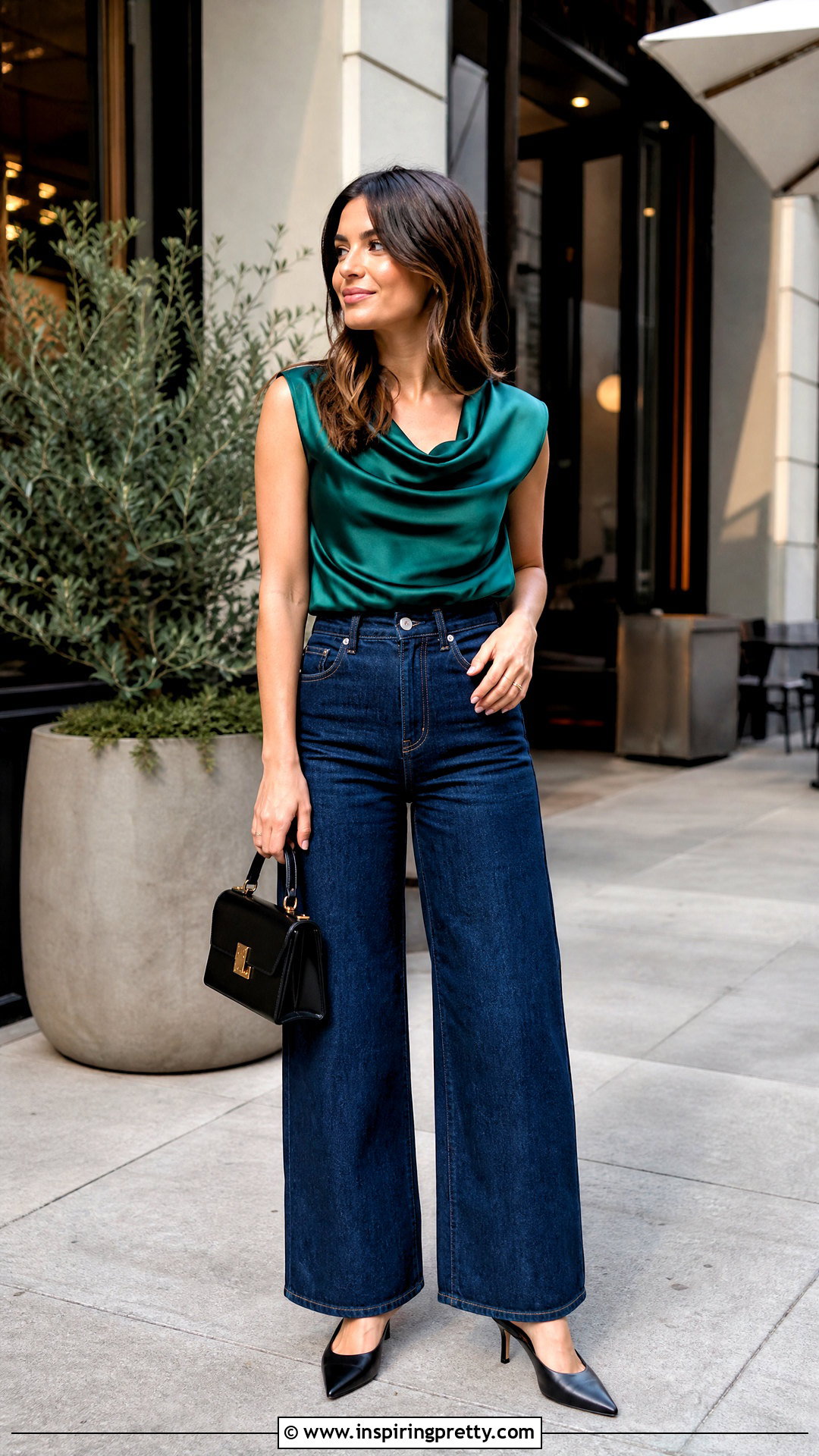 Cowl Neck Satin Top With Wide Leg Jeans - 50 fancy tops outfit ideas