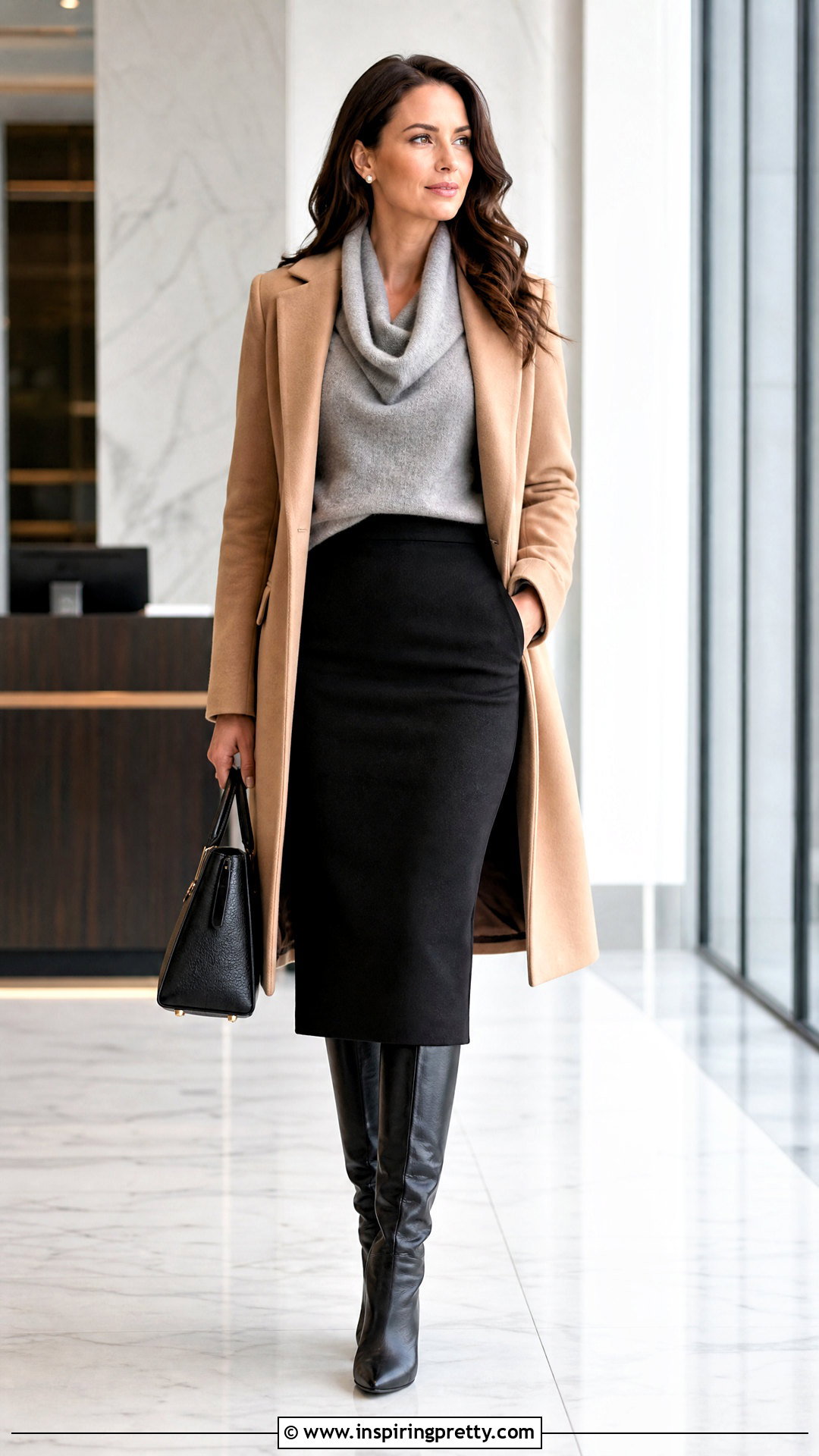 Cowl Neck Sweater And Pencil Skirt Outfit - 50 winter tops outfit ideas