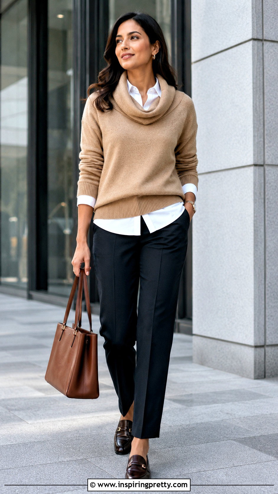 Cowl Neck Sweater Over A Button Down Shirt - 20 cowl neck top sweater outfit ideas