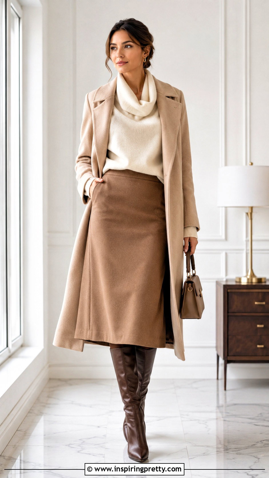 Cowl Neck Sweater With Midi Skirt - 50 cute winter tops outfit ideas