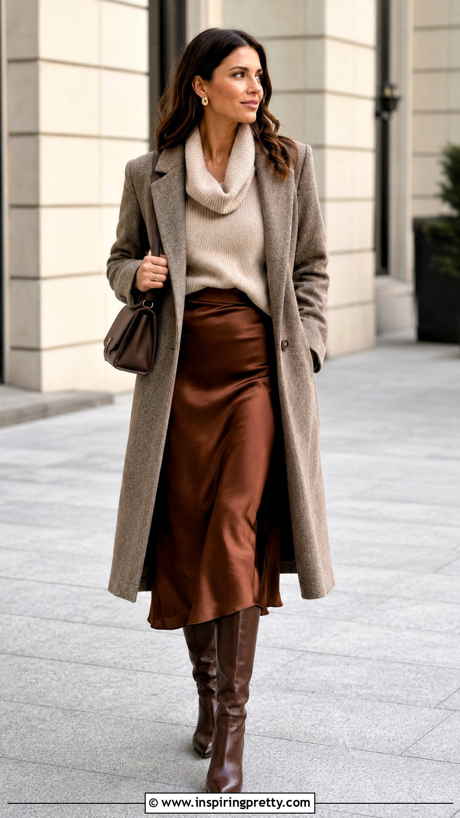Cowl Neck Sweater With Midi Skirt - 50 cow neck top outfit ideas
