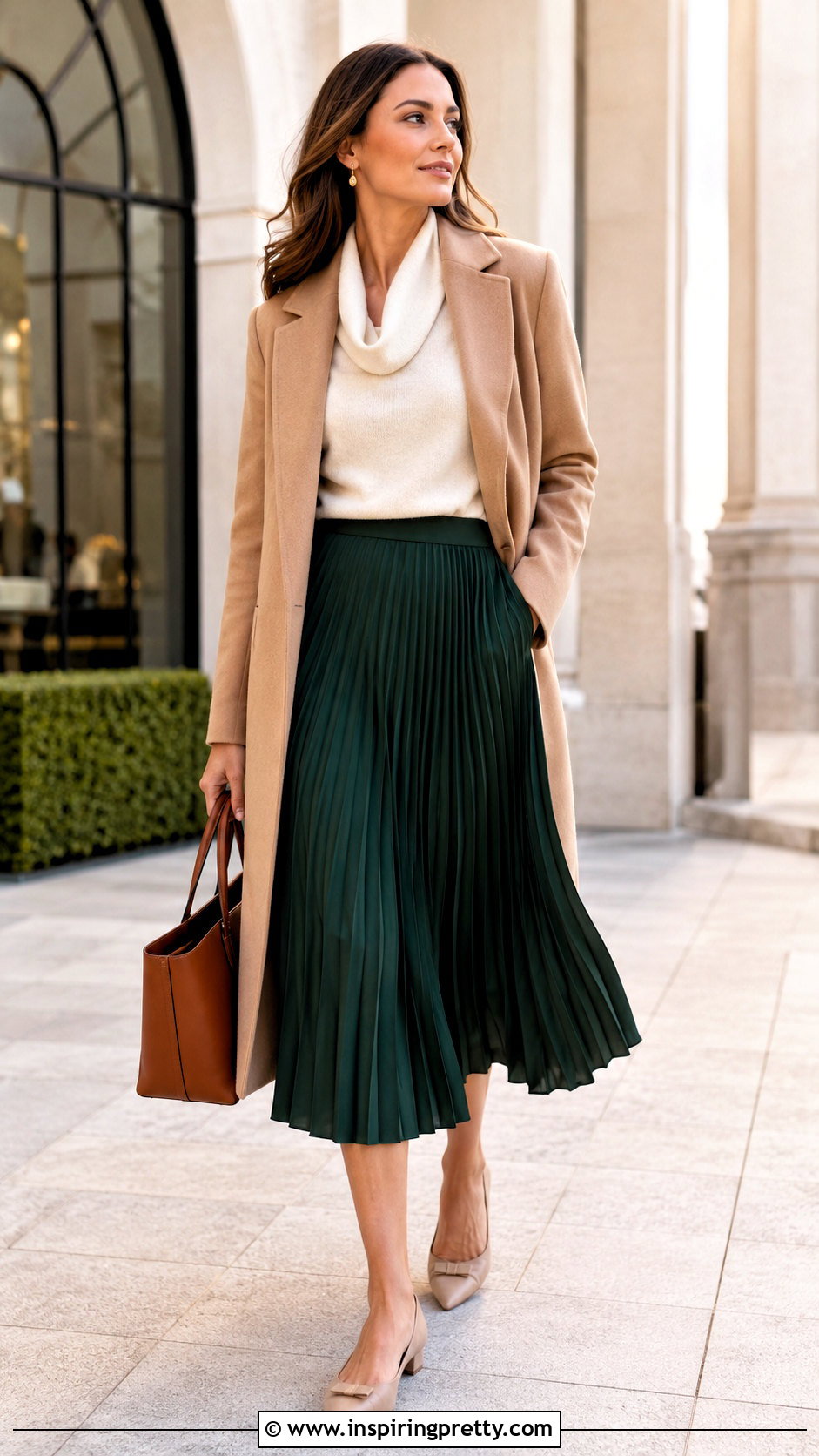 Cowl Neck Sweater With Pleated Midi Skirt - 20 cowl neck top sweater outfit ideas