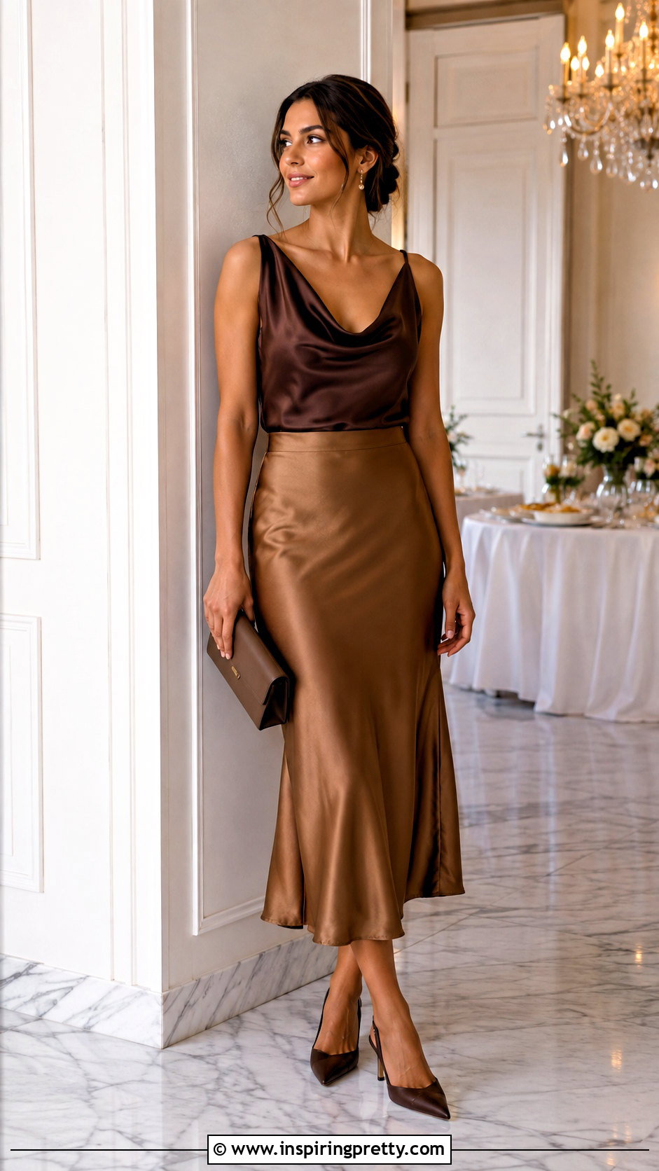 Cowl Neck Top With Bias Cut Skirt - 50 Women Tops Outfit ideas