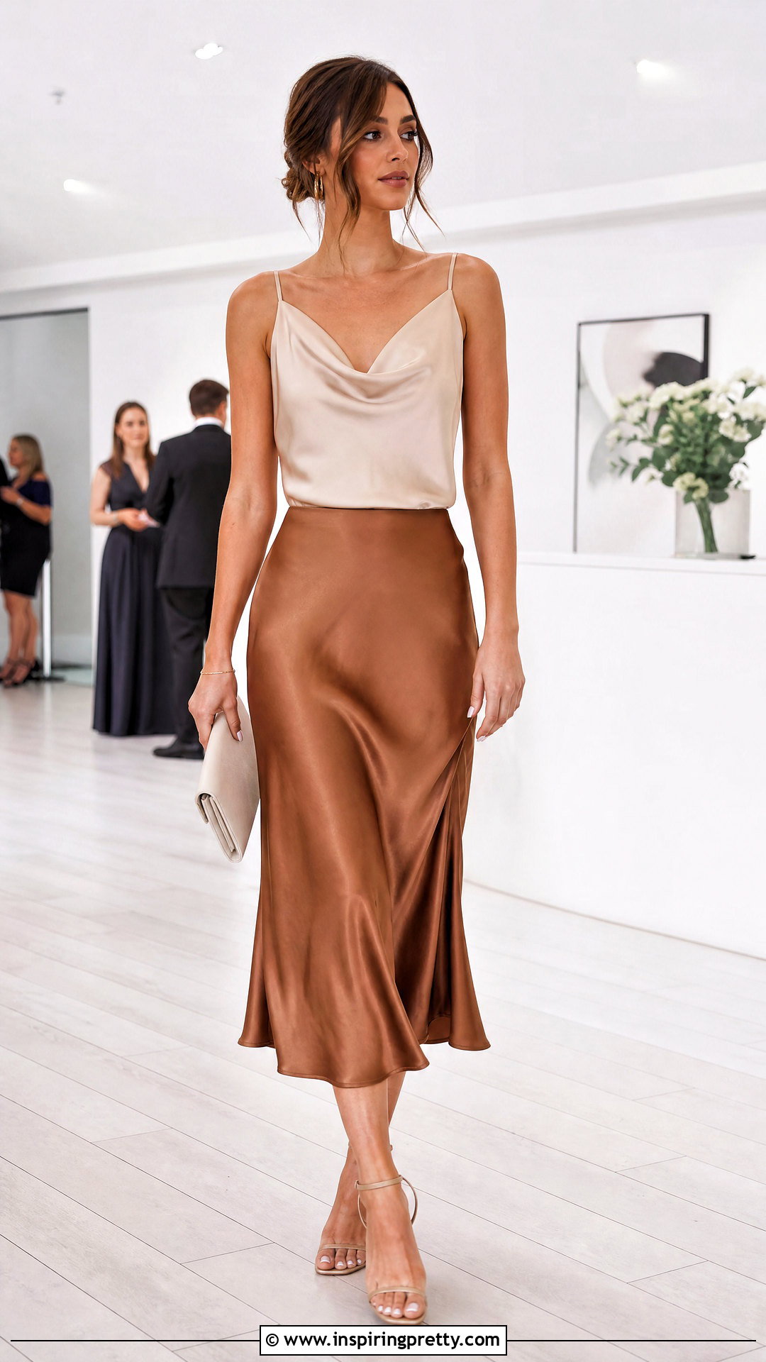 Cowl Neck Top With Bias Cut Skirt - 50 dress tops outfit ideas