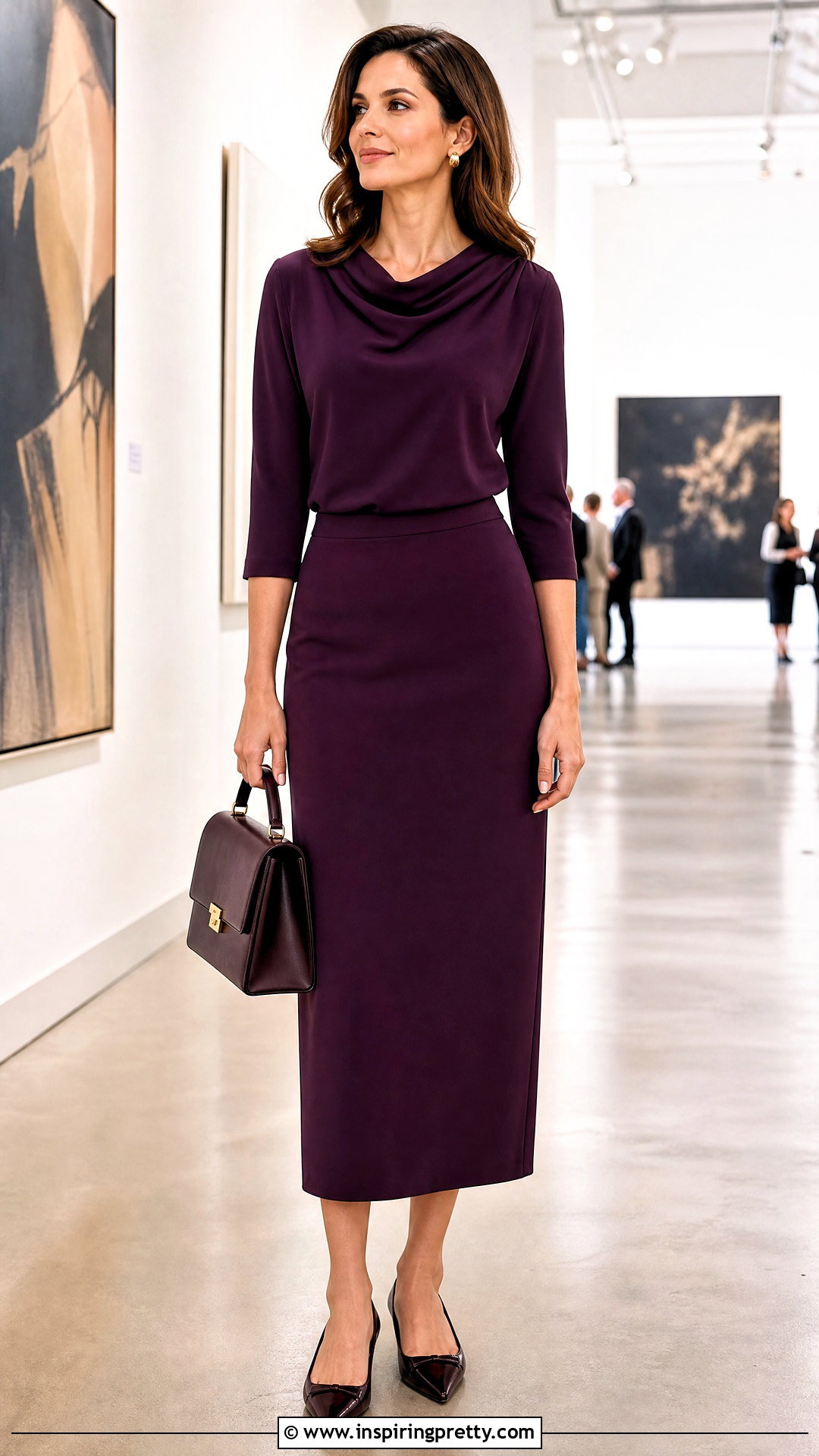 Cowl Neck Top With Column Skirt - 25 Belly Hiding Tops outfit ideas