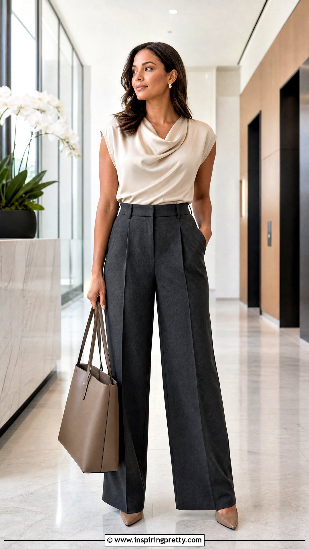 Cowl Neck Top With Tailored Trousers - 50 tops for broad shoulders for women