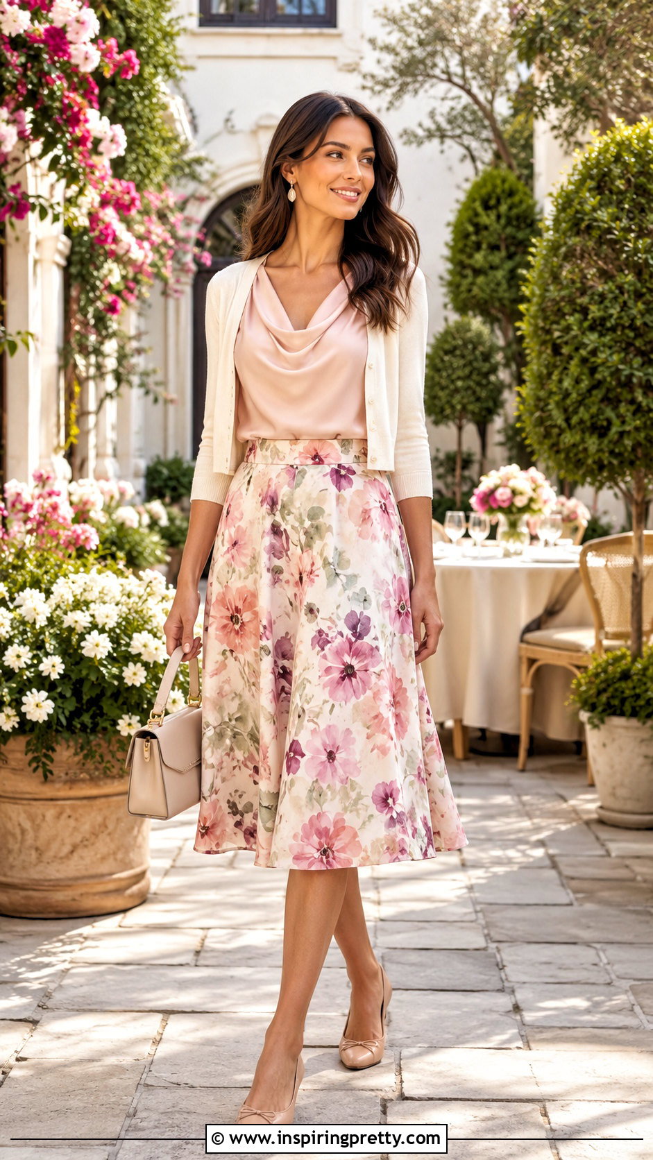 Cowl Top With Floral Midi Skirt - 50 cowl top outfit ideas