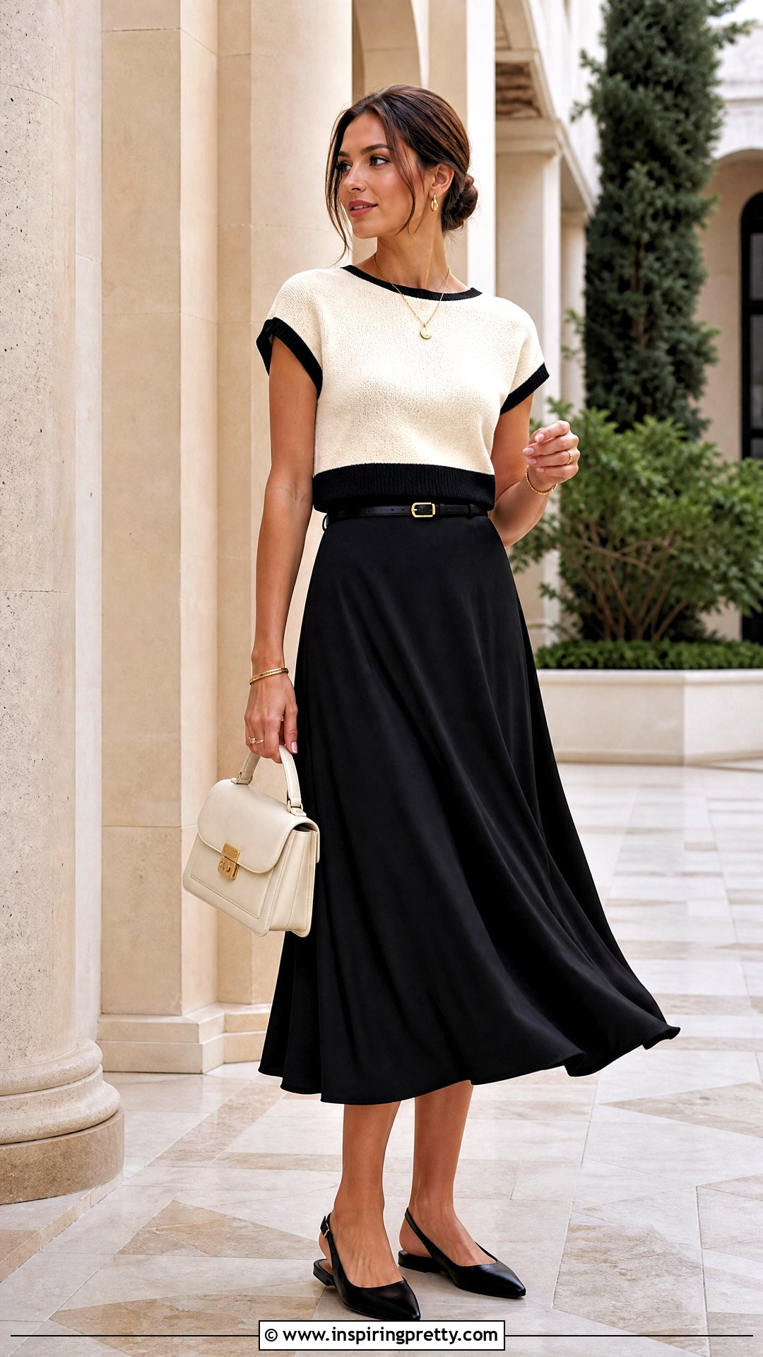 Cream And Black Two Tone Top With A Midi Skirt - 20 Two-Tone Fashion Top outfit ideas