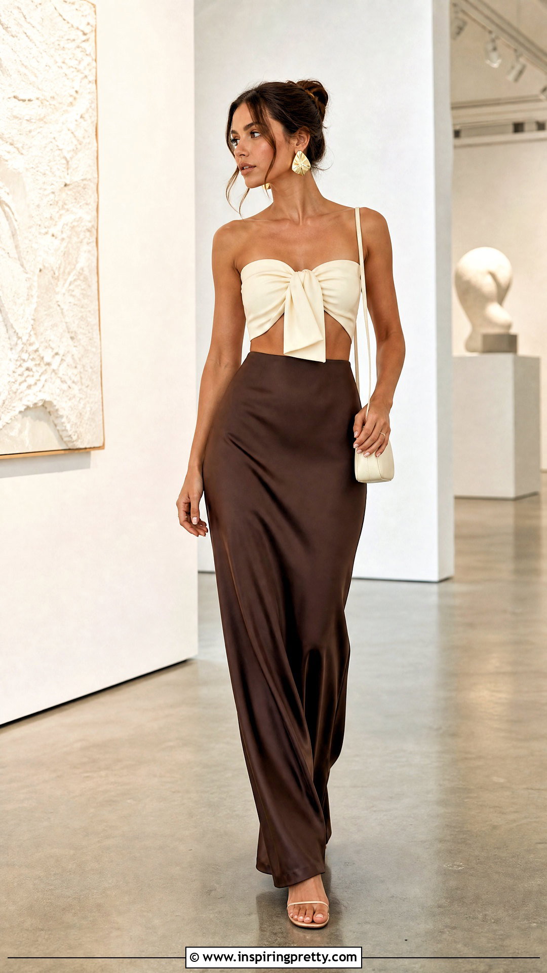 Cream Bow Bandeau Top With Satin Maxi Skirt - 25 bow bandeau top outfit ideas