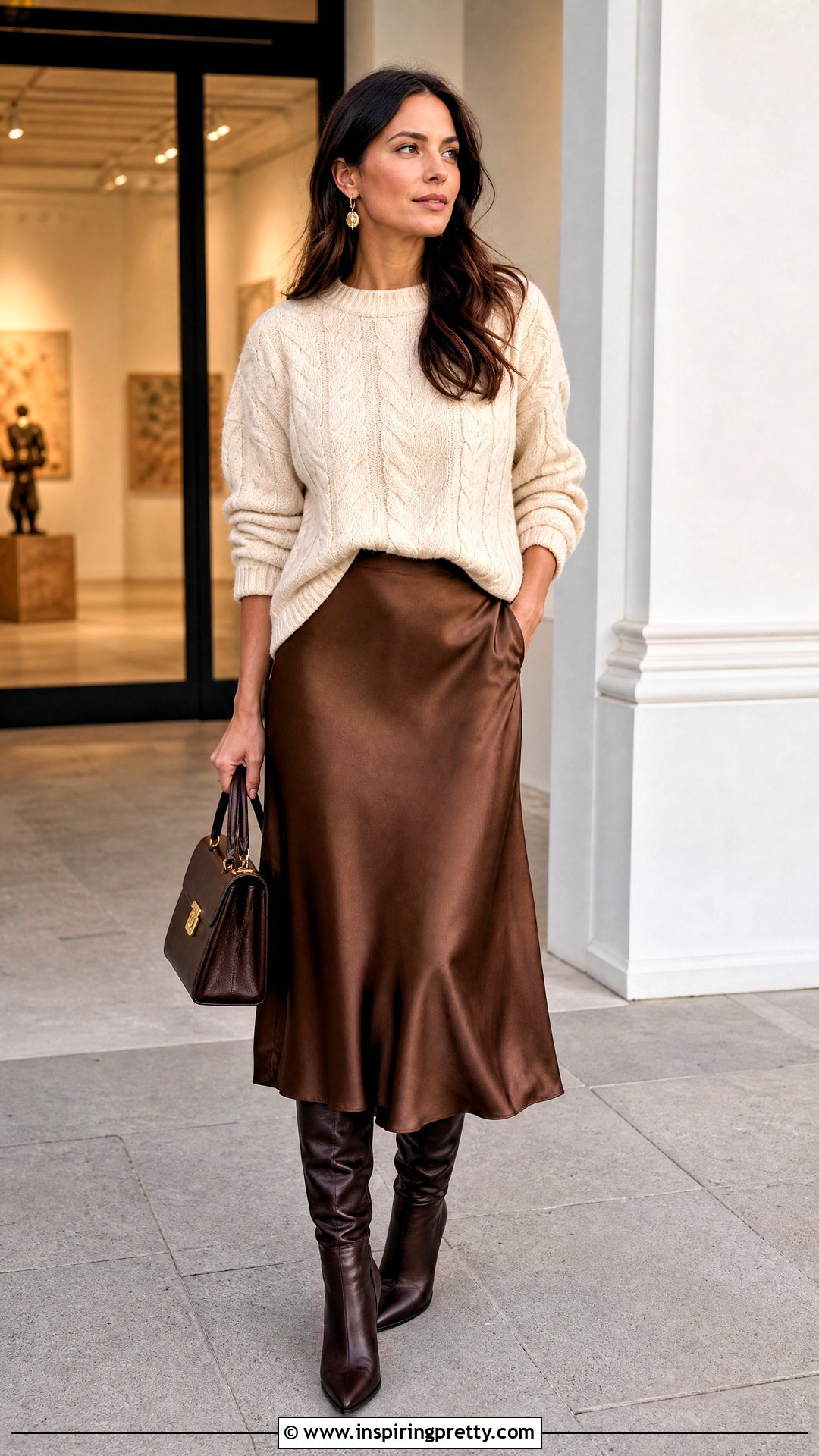 Cream Cable Knit Autumn Top With Satin Skirt - 50 autumn tops outfit ideas