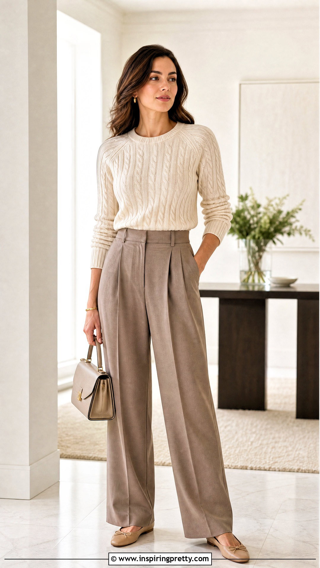 Cream Cable Raglan Top With Pleated Trousers - 20 knitted top with raglan in drops paris