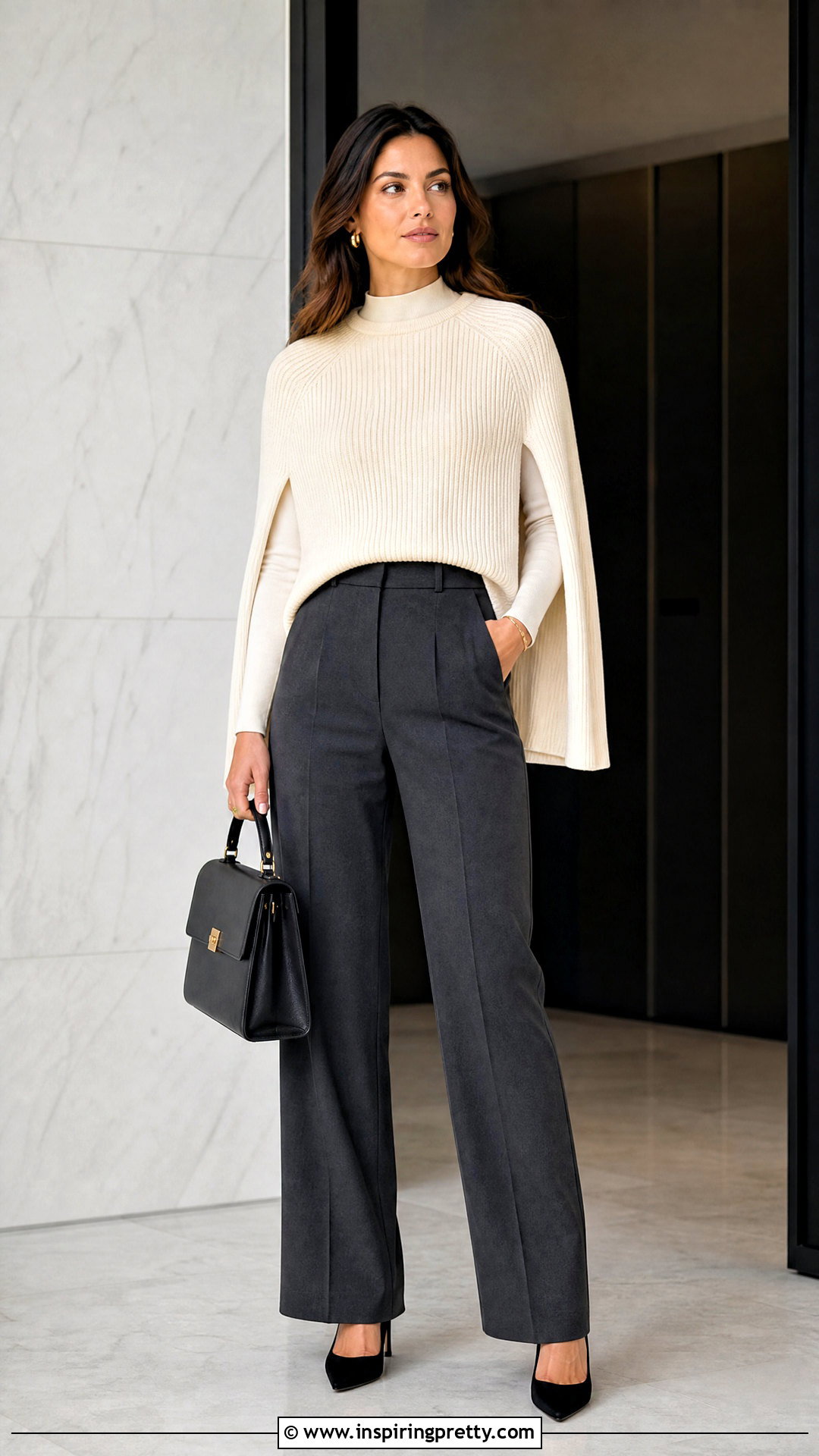 Cream Cape Knit Top With Tailored Trousers - 25 cape knit top outfit ideas