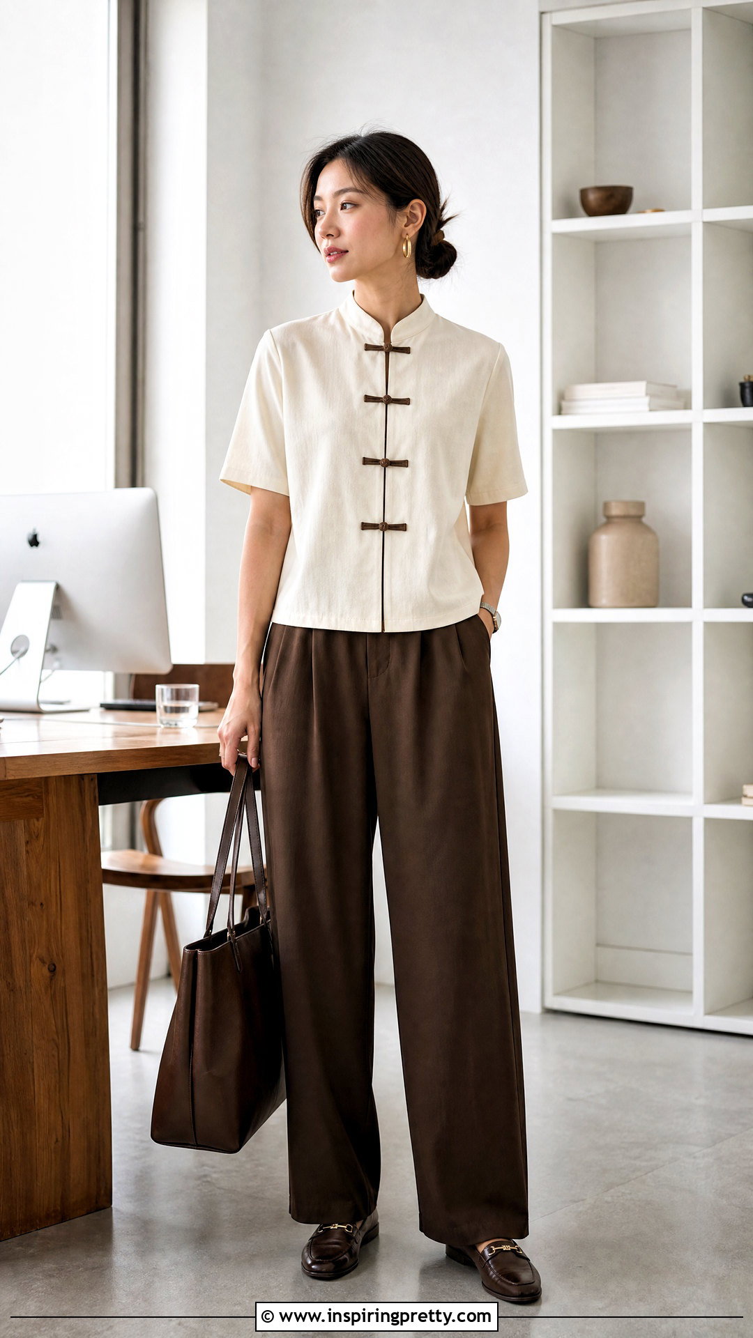 Cream Chinese Top With Brown Trousers - 50 chinese top outfit ideas