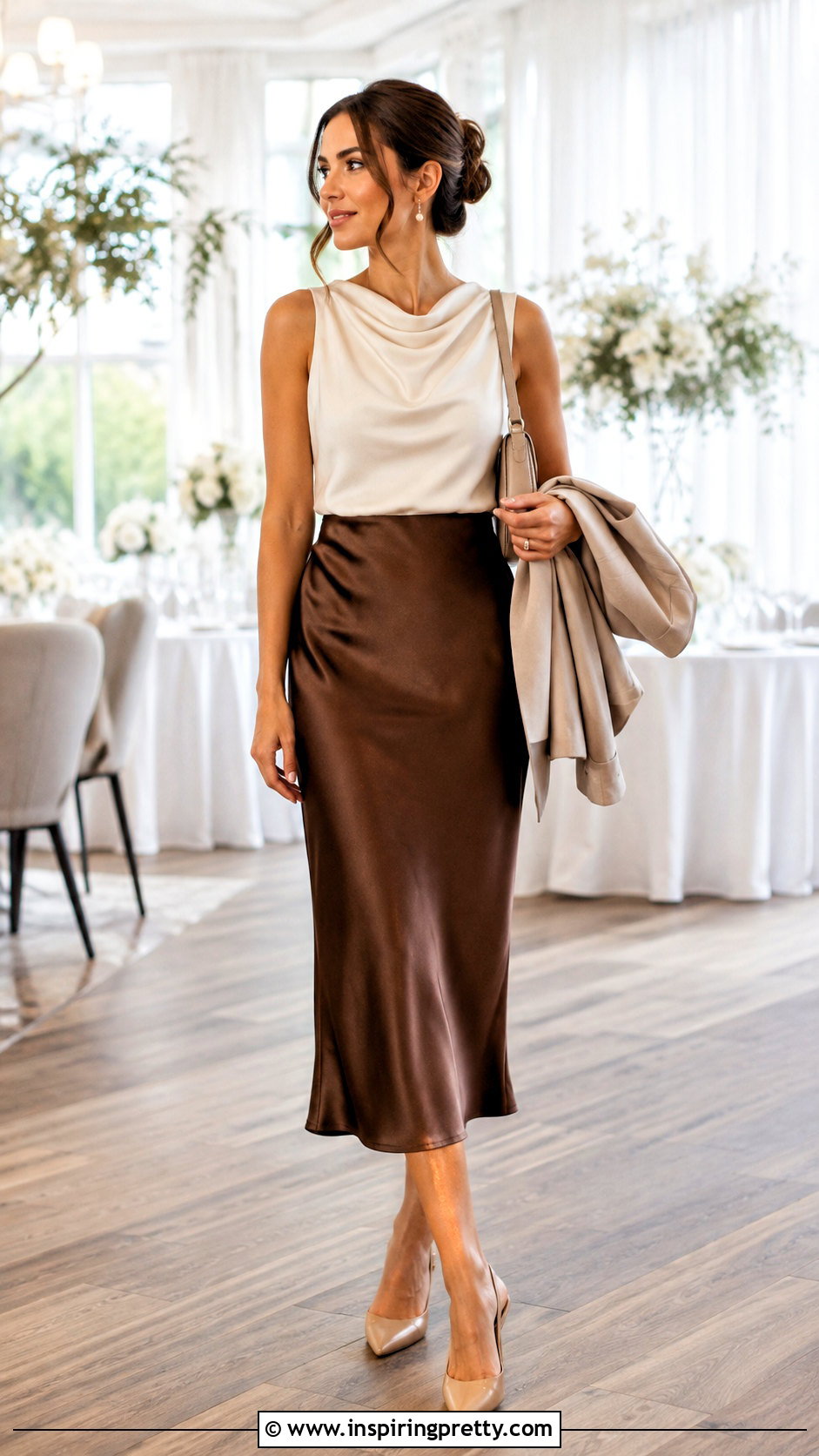 Cream Cowl Neck Top With Satin Midi Skirt - 50 cow neck top outfit ideas