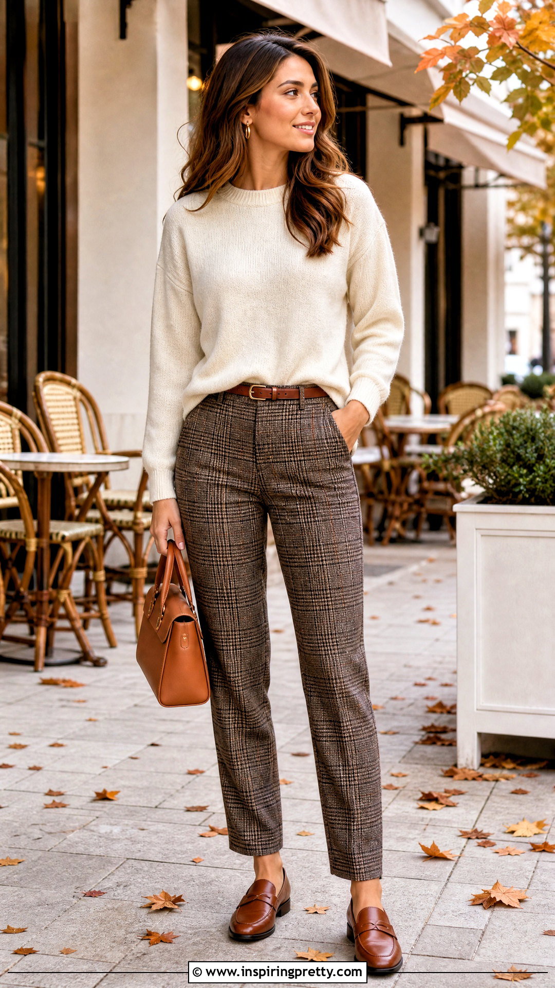 Cream Crewneck Sweater With Plaid Pants And Loafers - What Top To Wear With Plaid Pants (20 Ways)