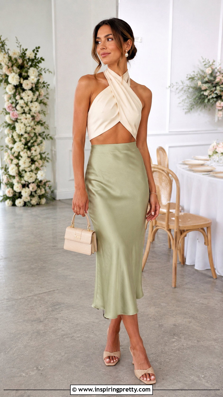 Cream Criss Cross Halter Crop Top With Satin Midi Skirt - 20 Criss Cross Halter Crop Top outfit ideas