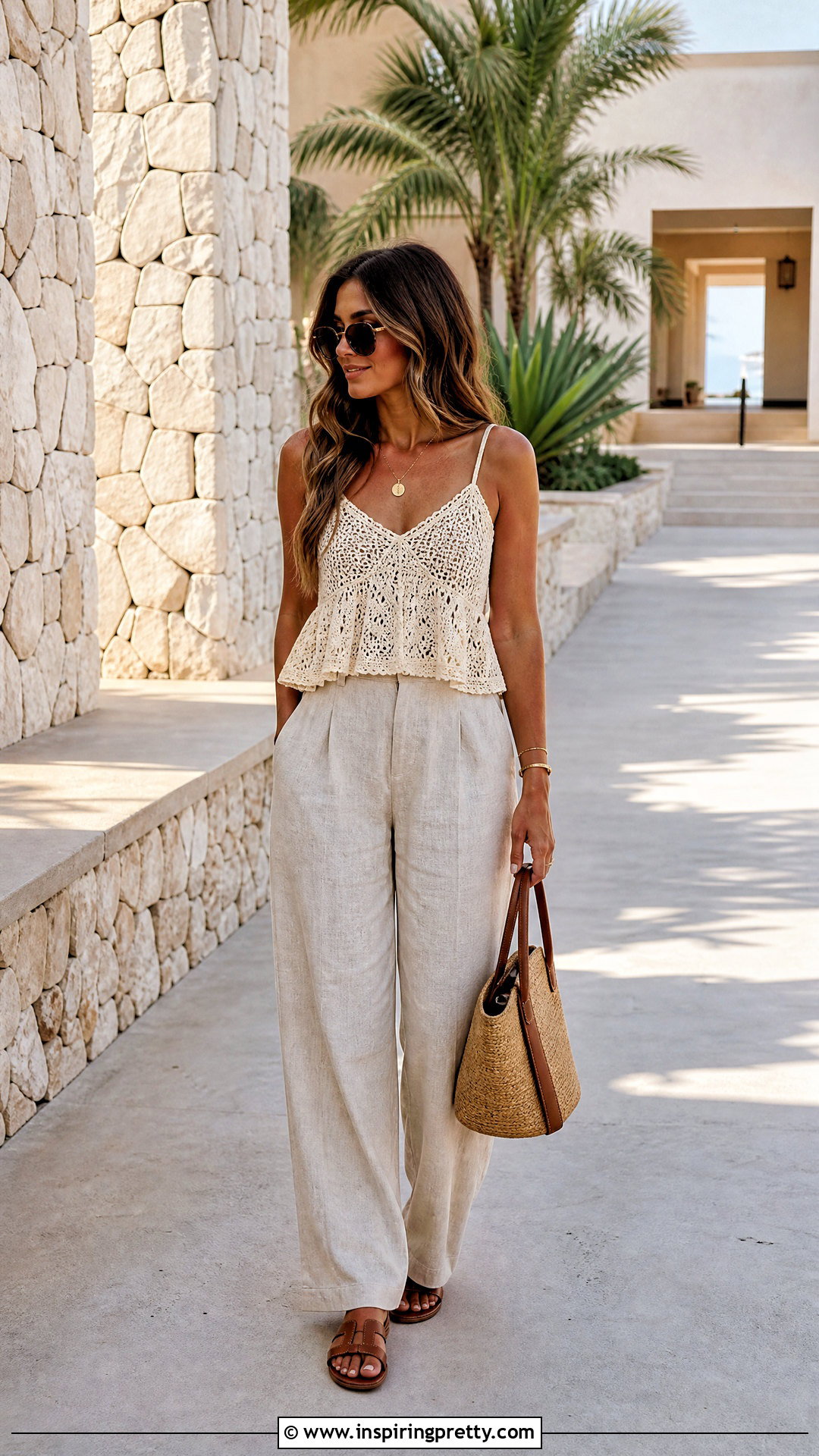 Cream Crochet Baby Doll Top With Linen Pants - 50 crochet baby doll top outfit ideas