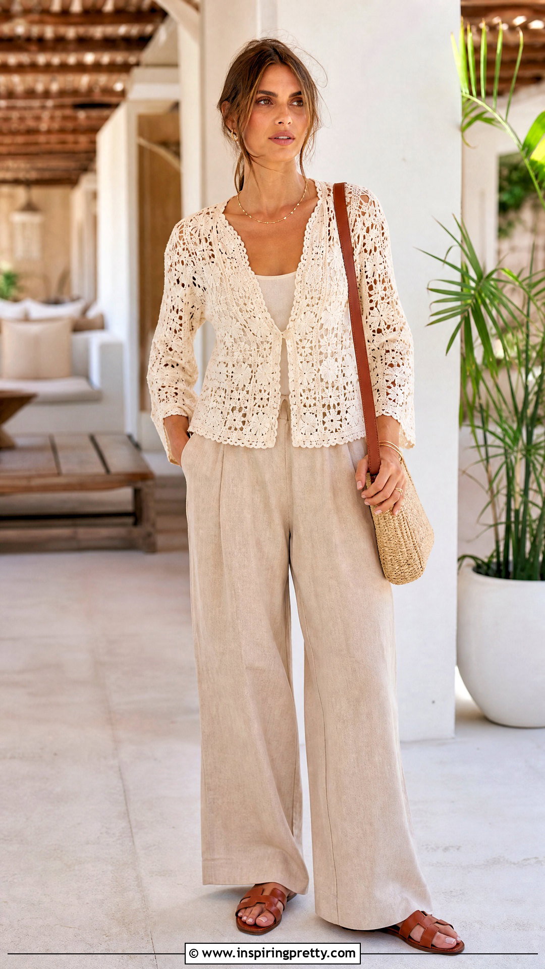 Cream Crochet Lace Top With Linen Trousers - 50 crochet lace top outfit ideas